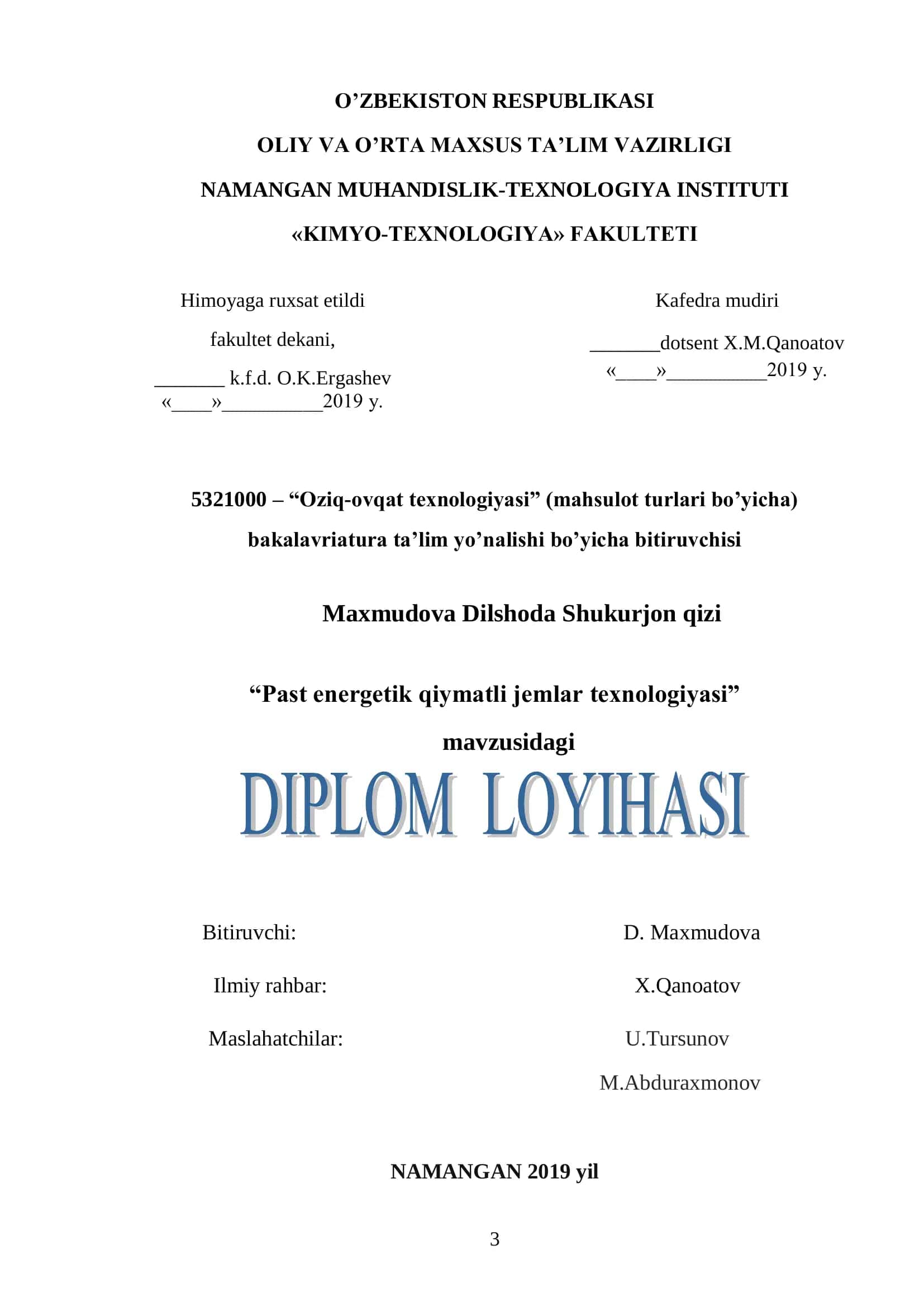 Past enеrgеtik qiymatli jеmlar tеxnologiyasi