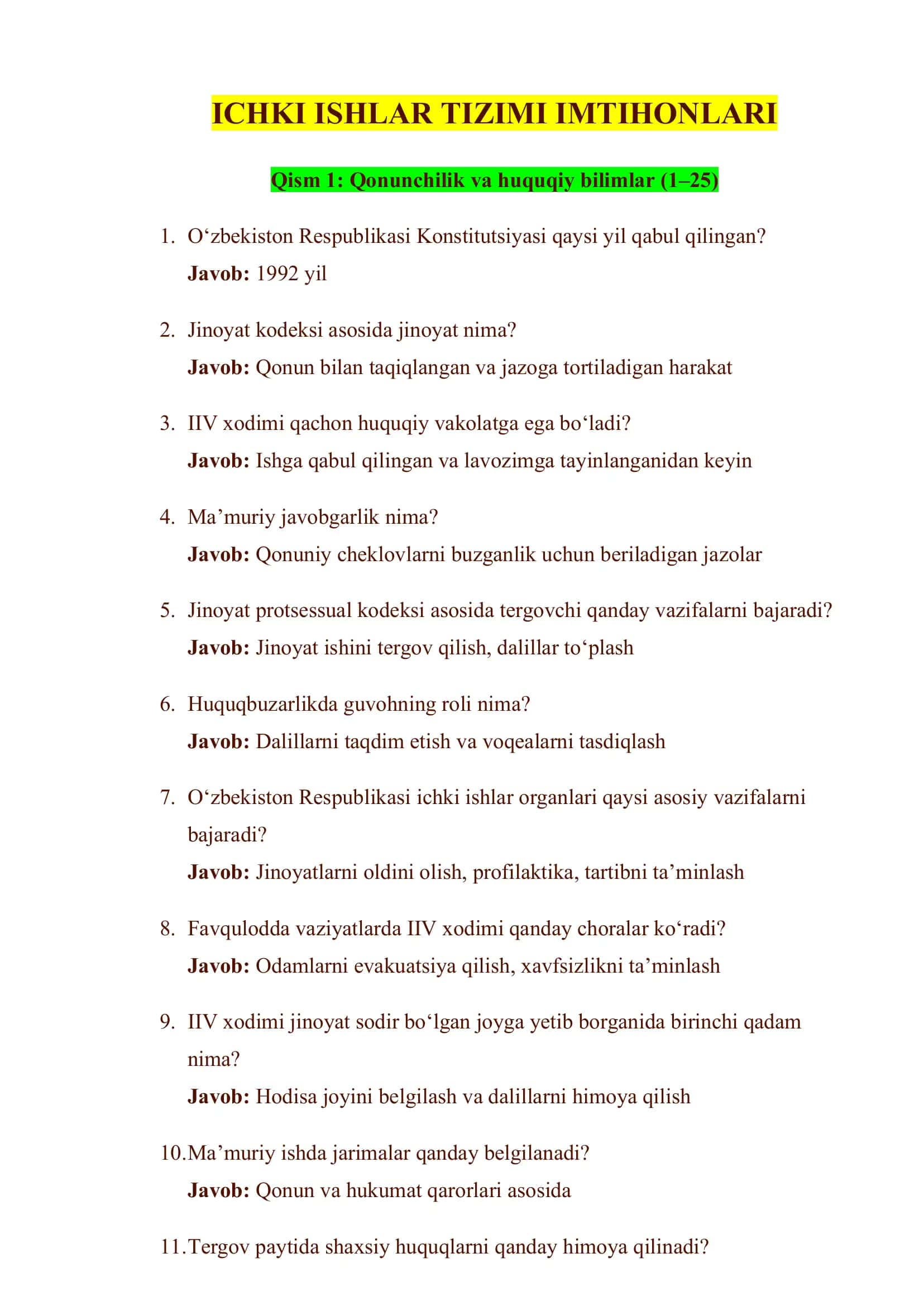 ICHKI ISHLAR TIZIMI IMTIHONLARI