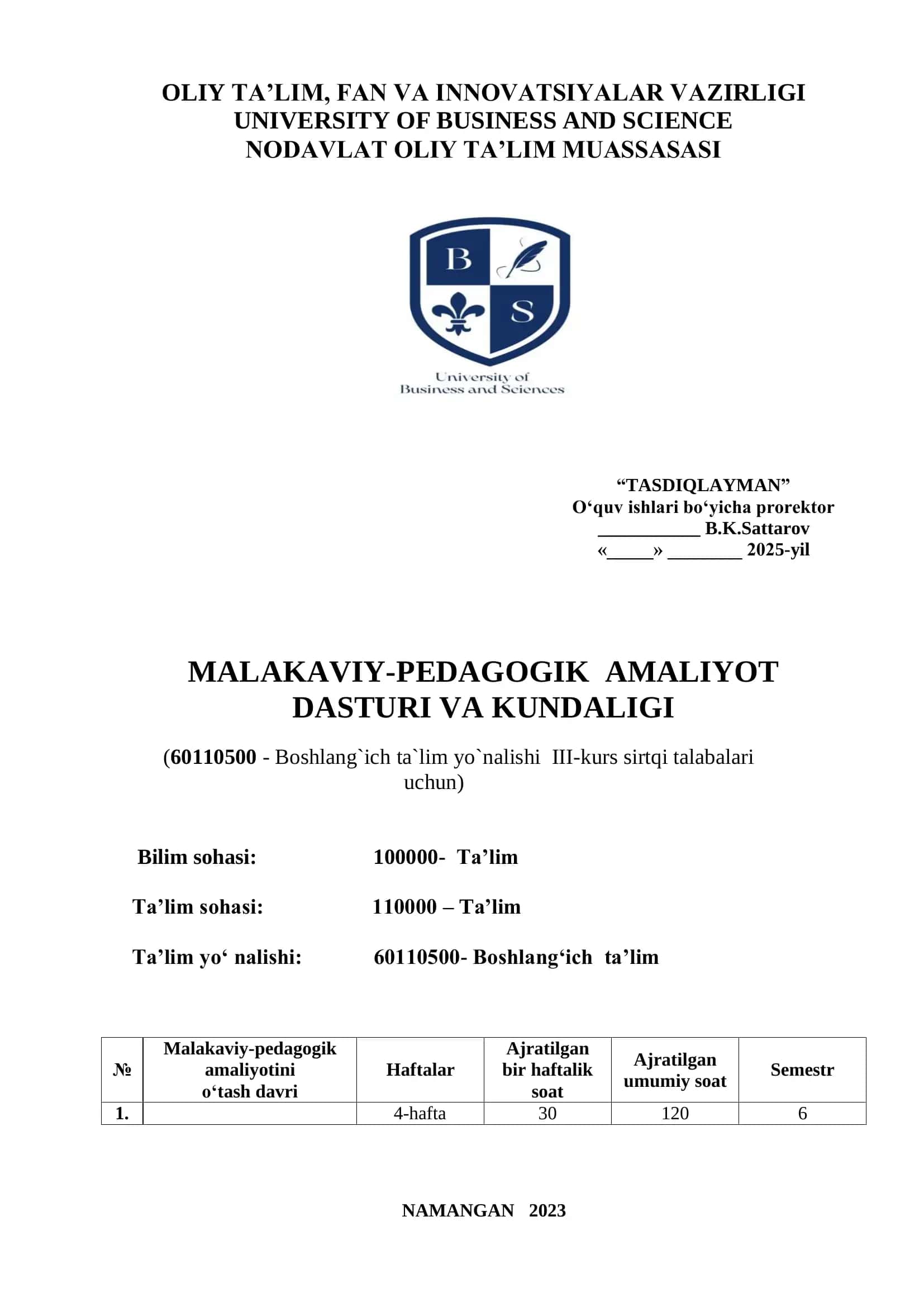 Malakaviy-pedagogik amaliyot dasturi va kundalik