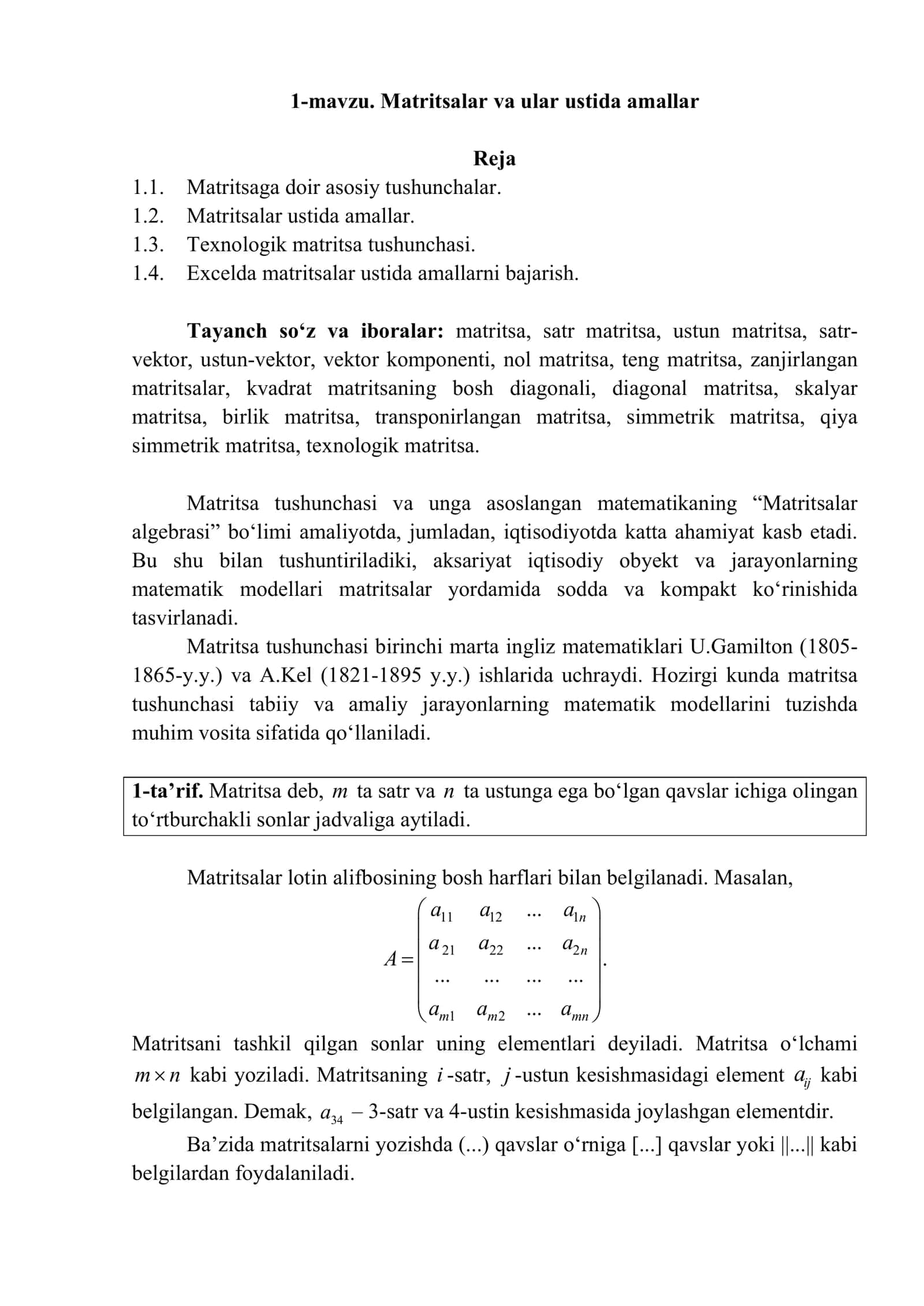 Matritsalar va ular ustida amallar