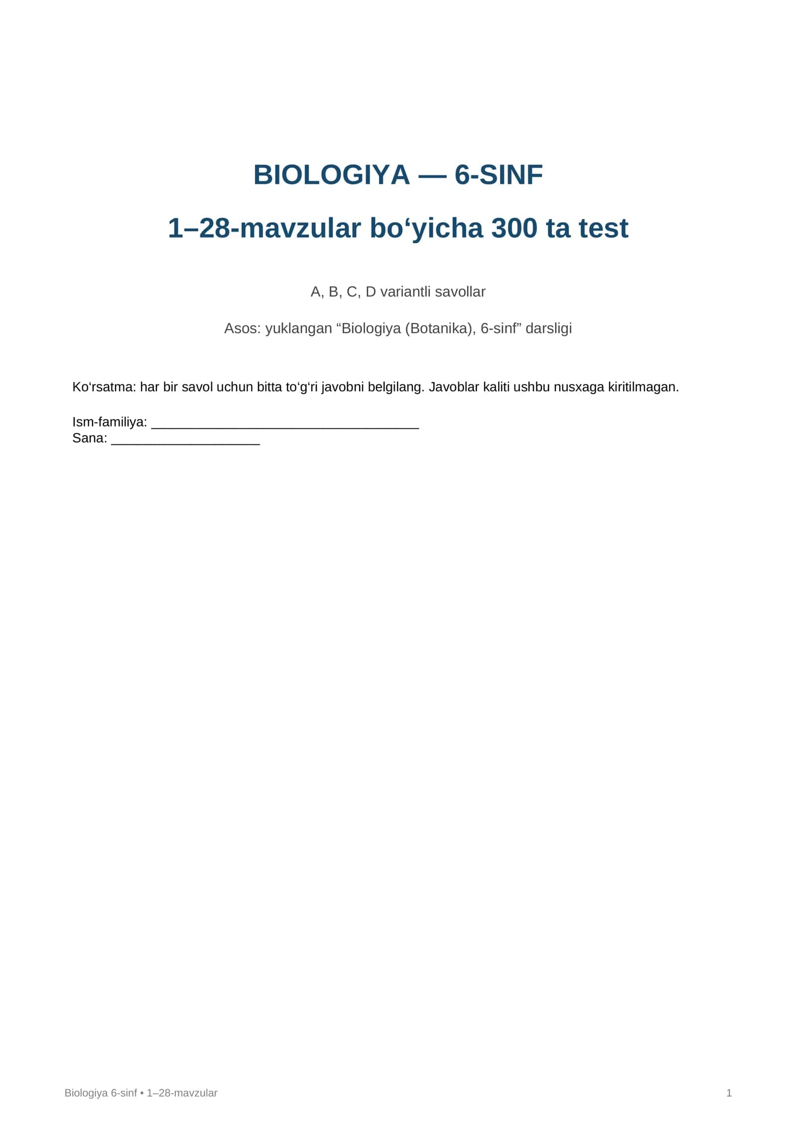 Biologiya 6-sinf • 1–28-mavzular