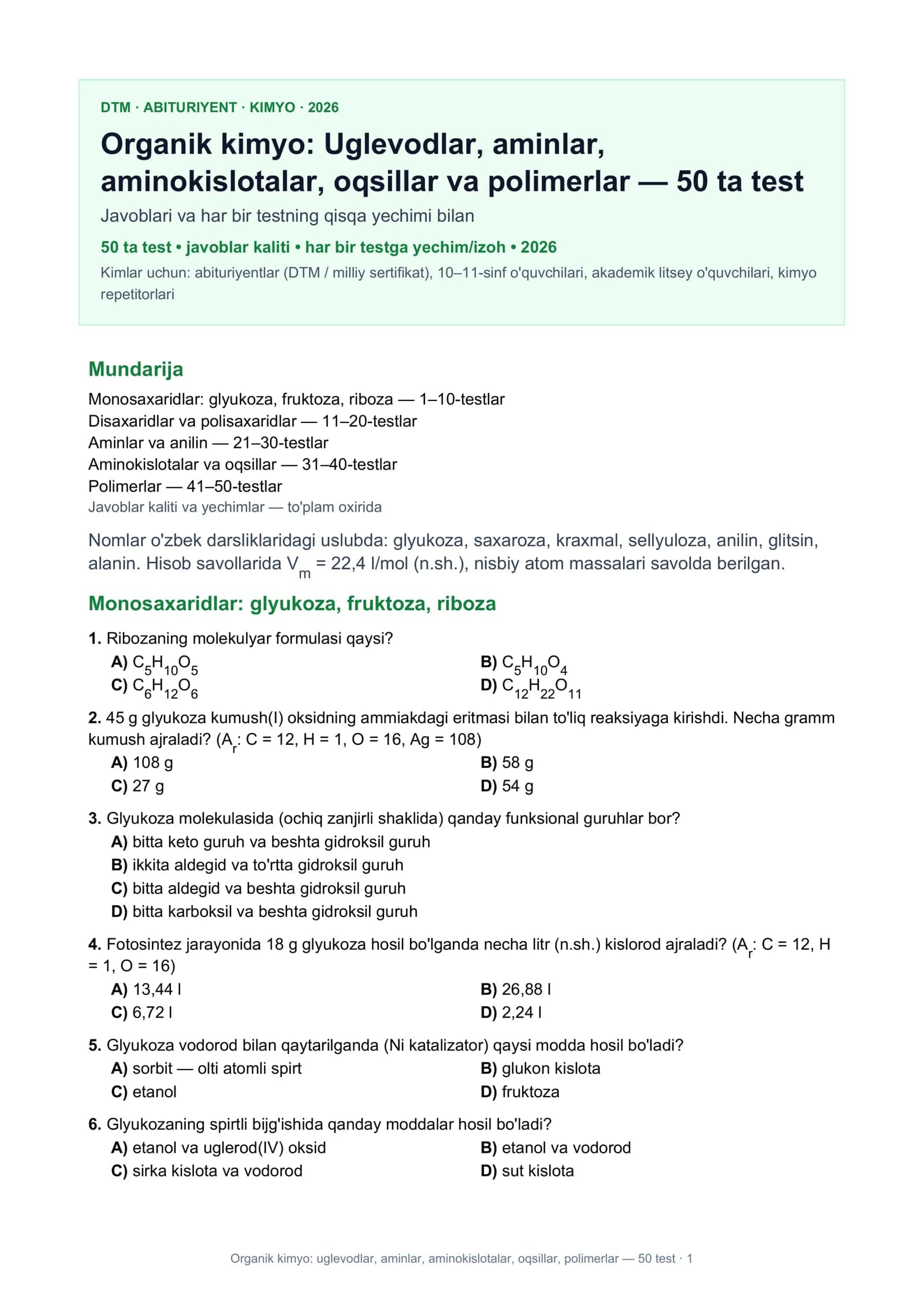 Organik kimyo: uglevodlar, aminlar, aminokislotalar, oqsillar, polimerlar — 50 test