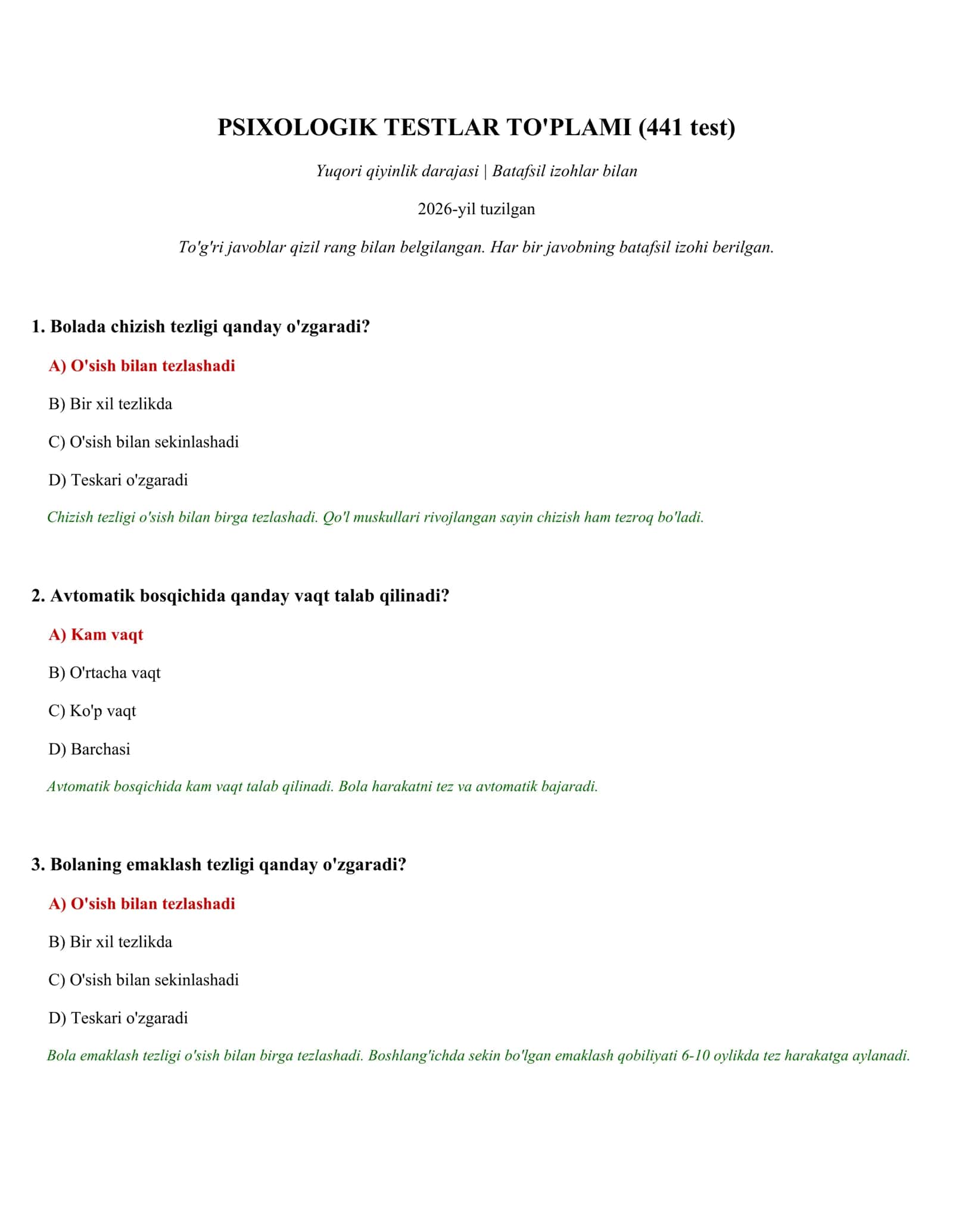 PSIXOLOGIK TESTLAR TO'PLAMI (441 test)