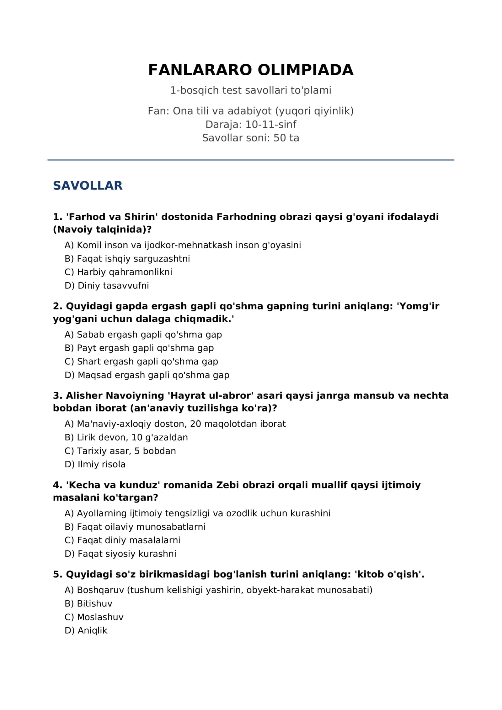 FANLARARO OLIMPIADA 1-bosqich test savollari to'plami