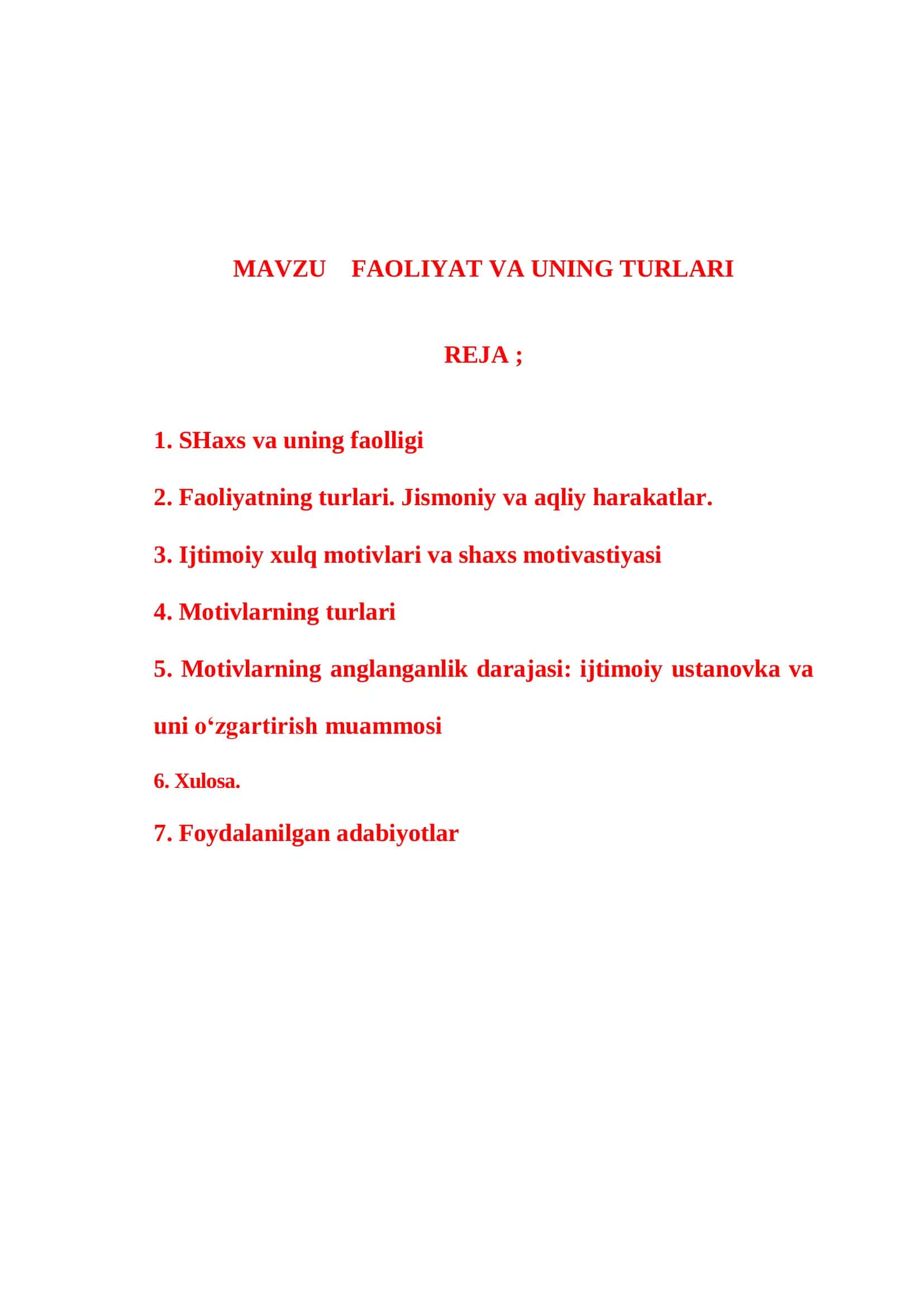 FAOLIYAT VA UNING TURLARI