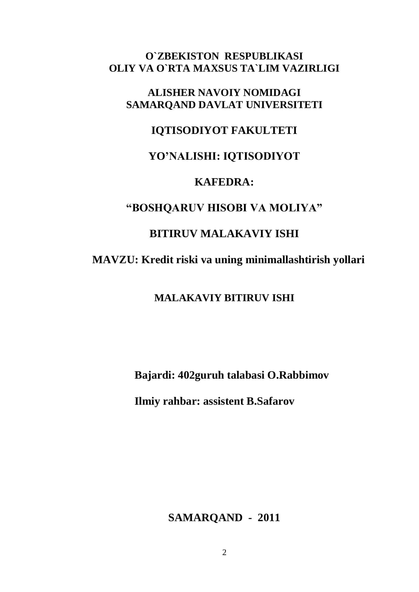 Kredit riski va uning minimallashtirish yollari