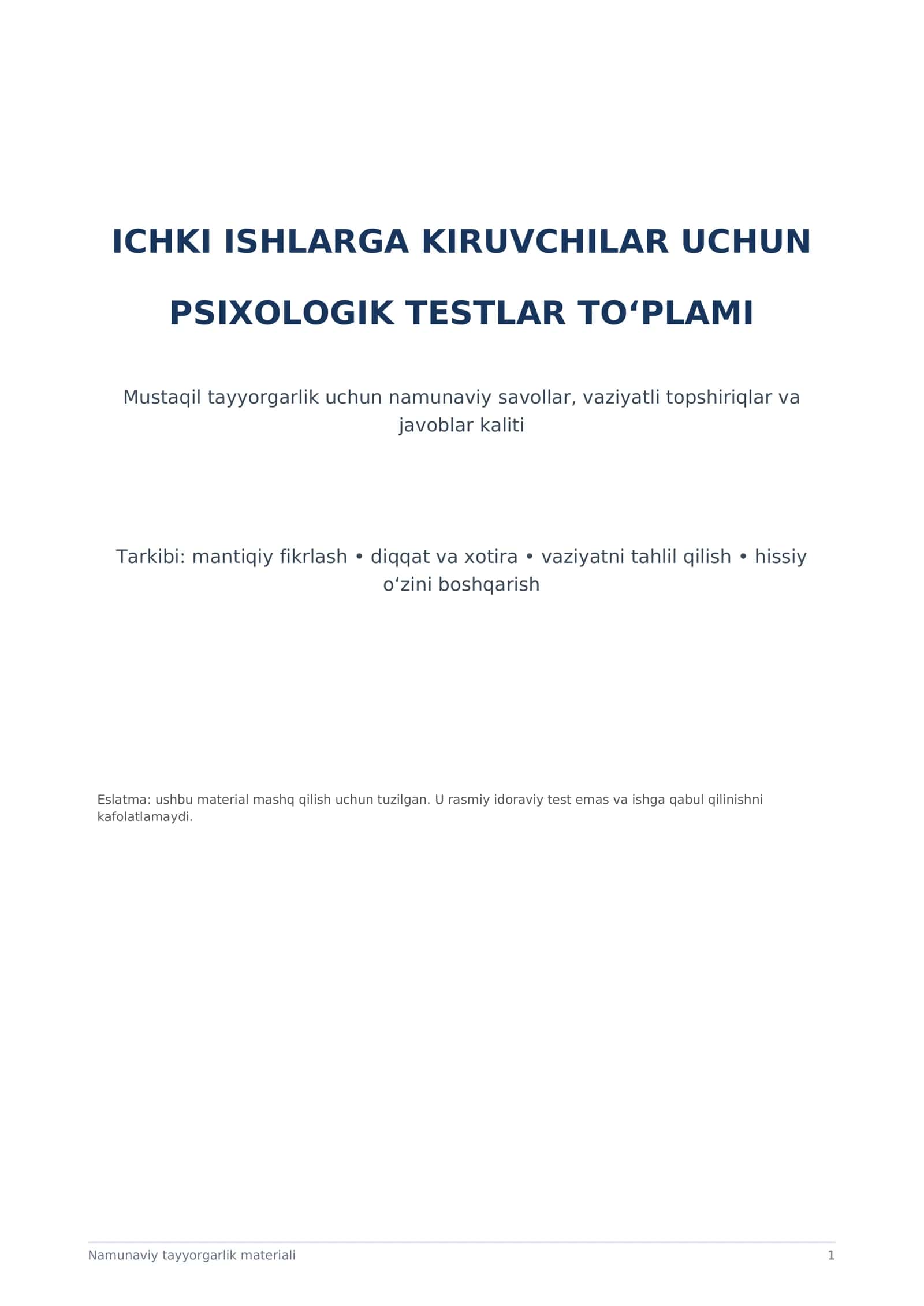 ICHKI ISHLARGA KIRUVCHILAR UCHUN PSIXOLOGIK TESTLAR TO‘PLAMI
