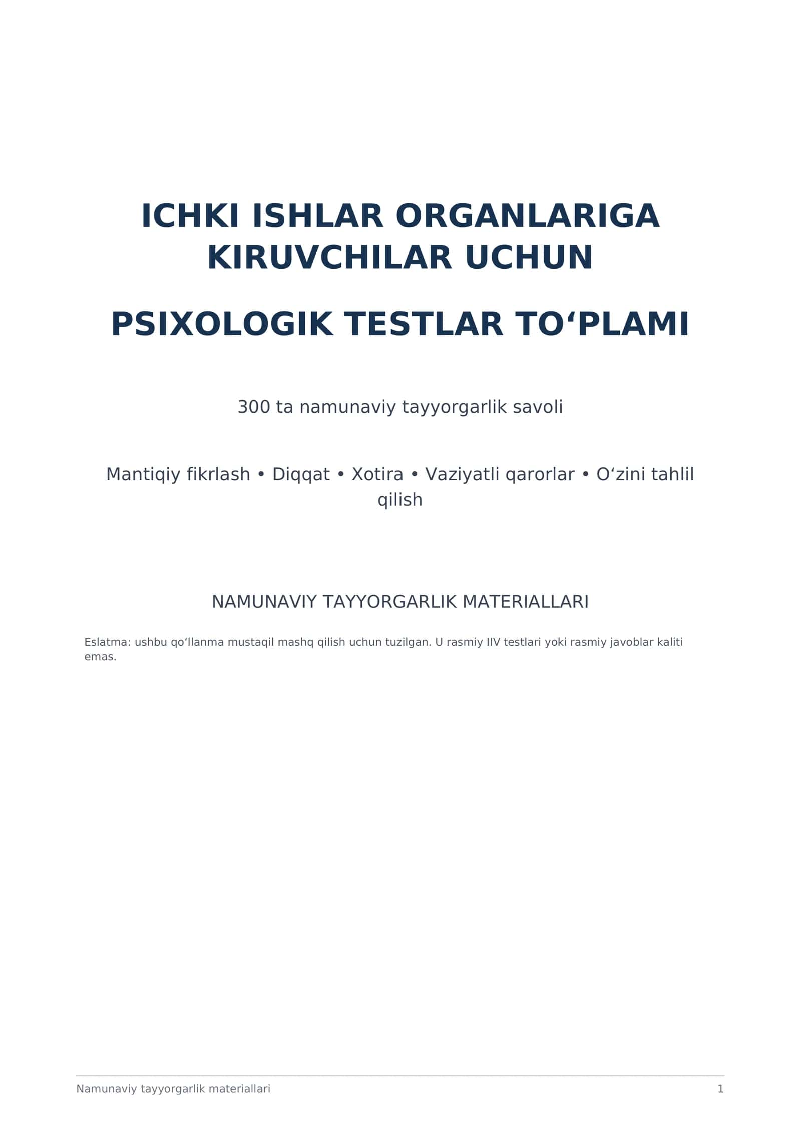 Ichki Ishlar Organlariga Kiruvchilar Uchun Psixologik Testlar To‘plami — 300+ test