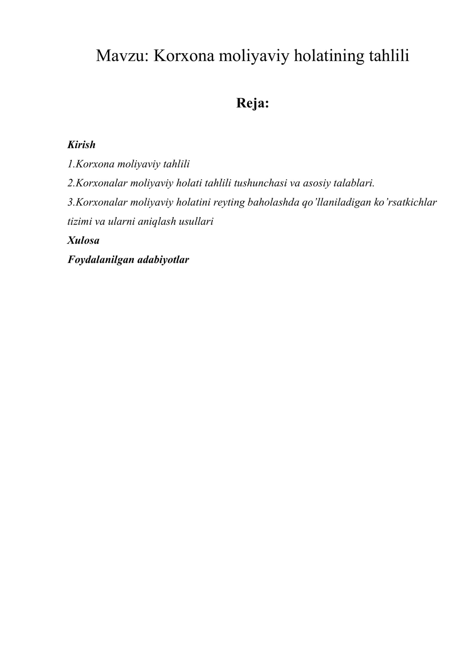 Korxona moliyaviy holatining tahlili
