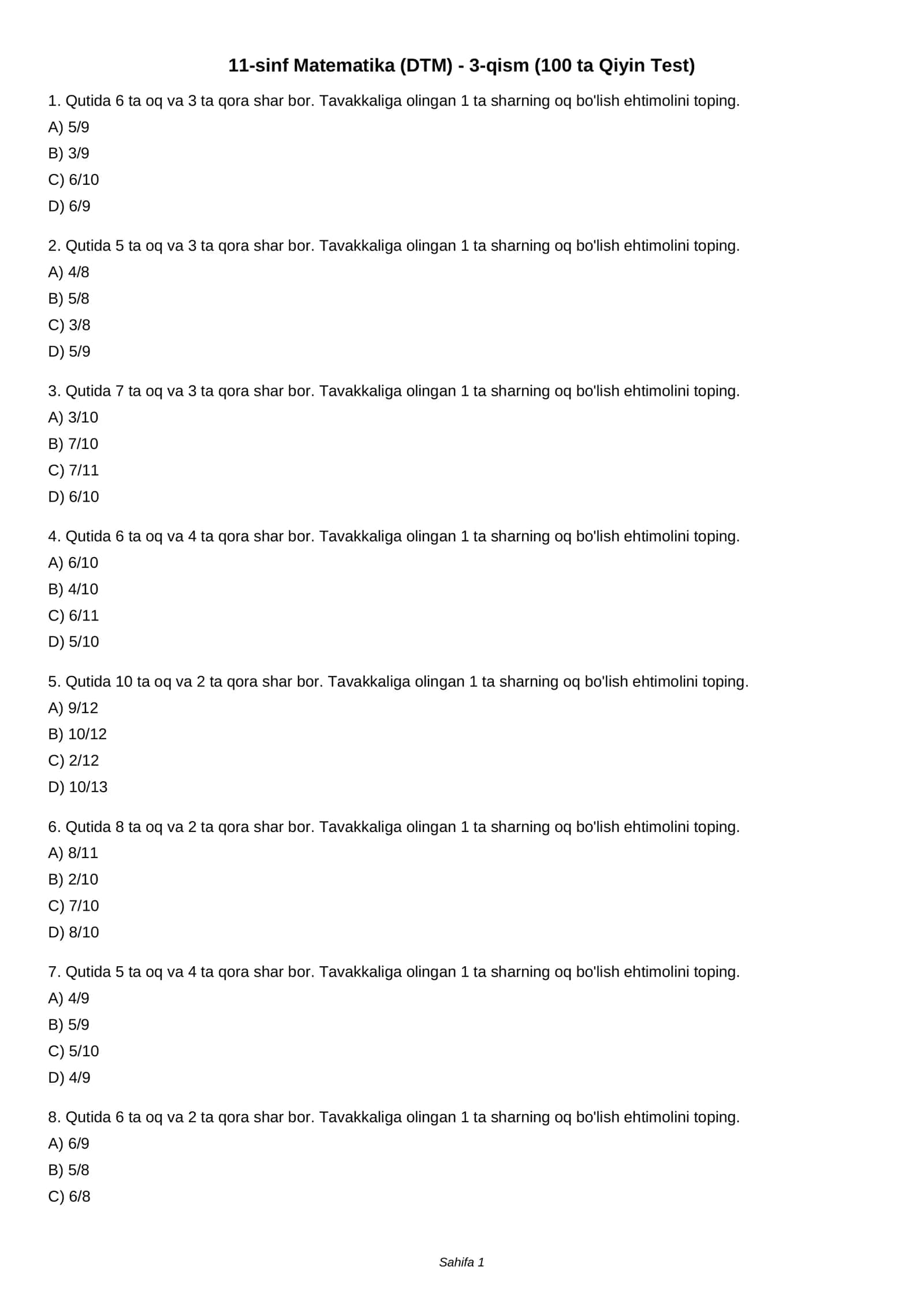 11-sinf Matematika (DTM) - 3-qism (100 ta Qiyin Test)