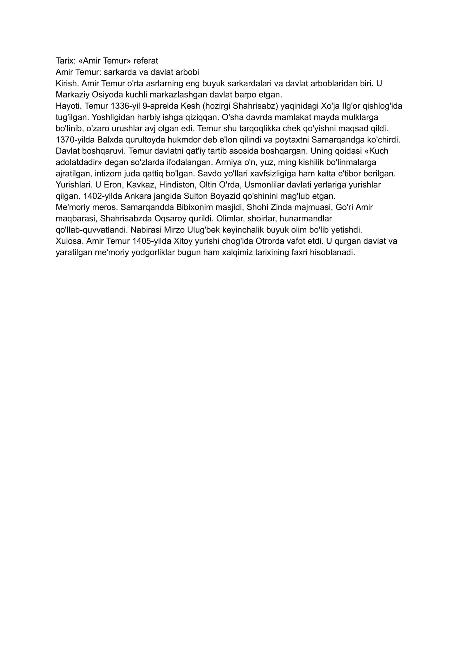 «Amir Temur» referat