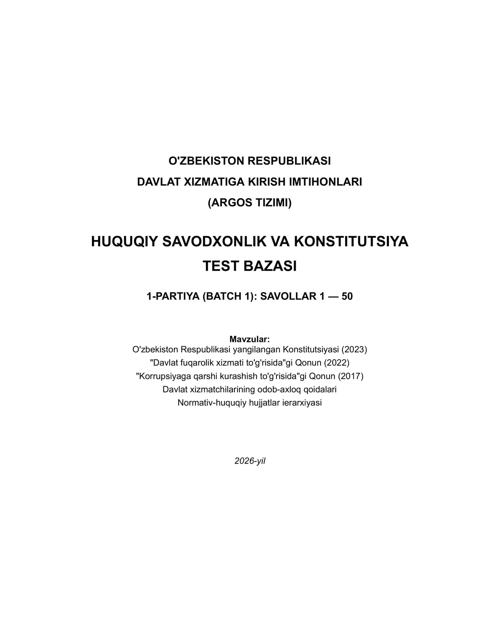 Argos Huquqiy Savodxonlik 2026 — 50 ta Professional Test