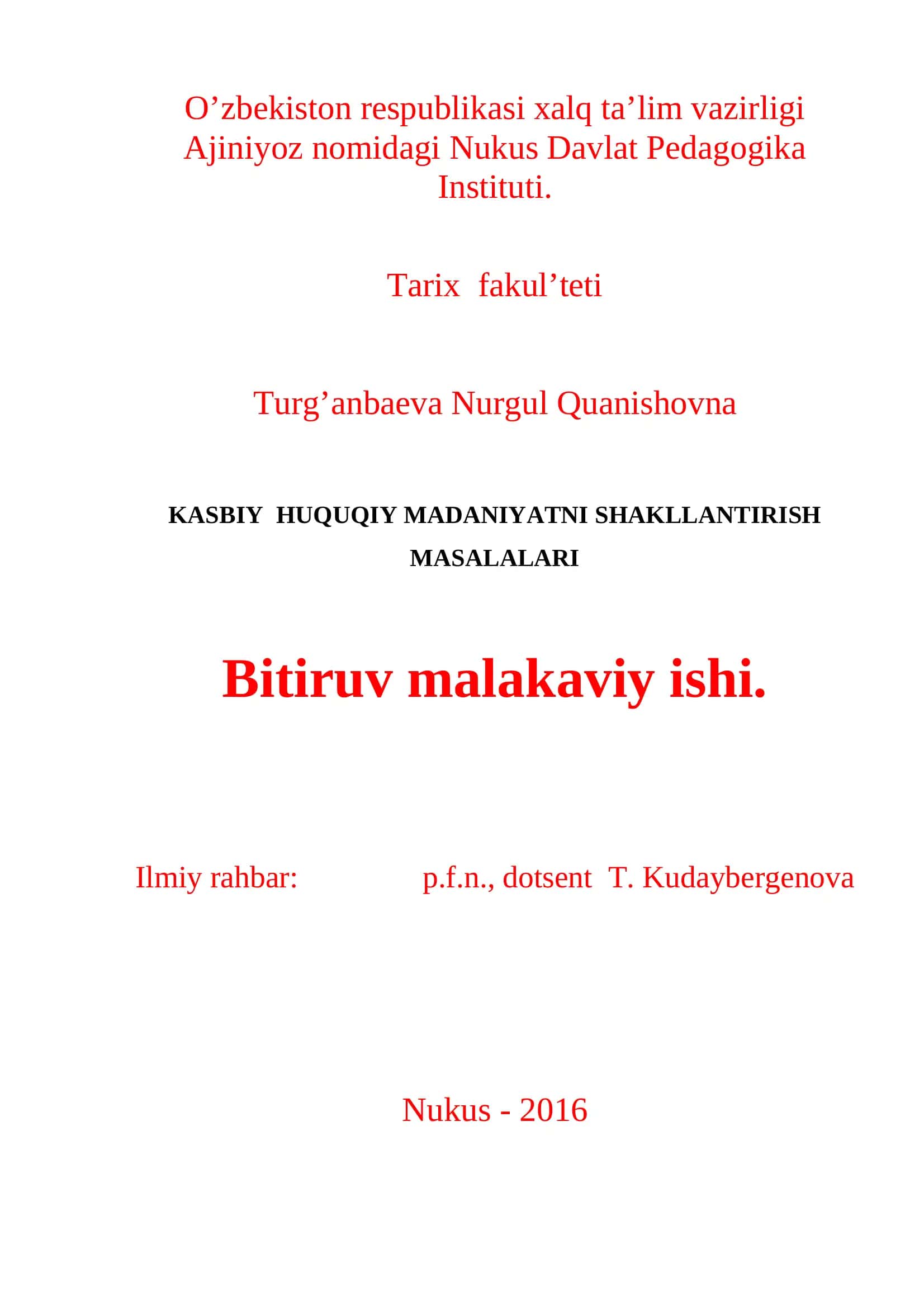 Kasbiy huquqiy madaniyatni shakllantirish masalalari