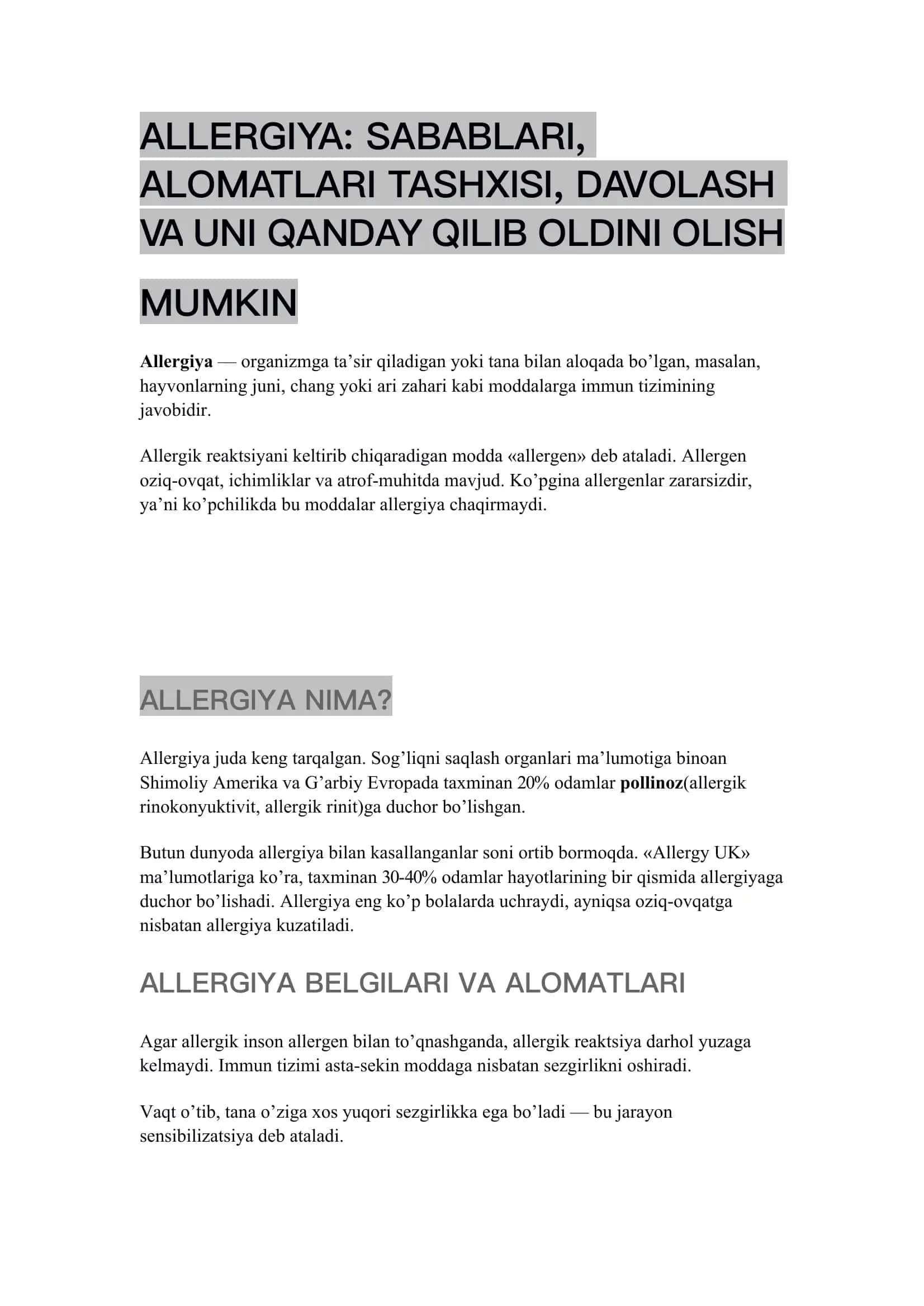 Allergiya: Sabablari, Alomaatlari Tashxisi, Davolash va Uni Qanday Qilib Oldini Olis