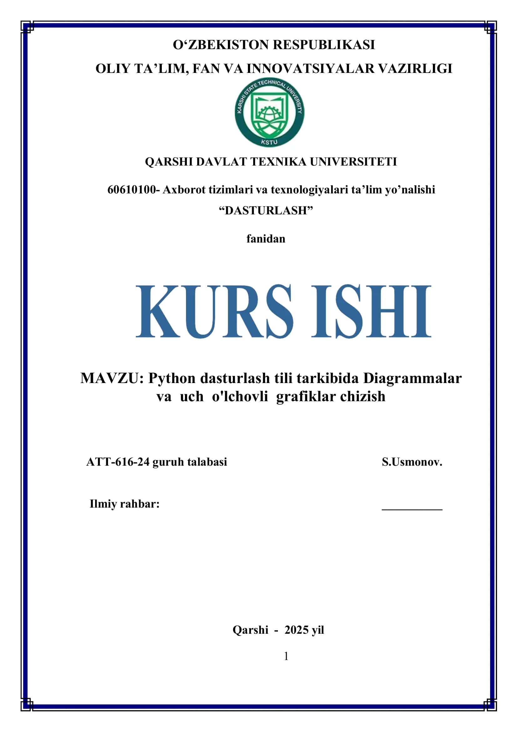 Python dasturlash tili tarkibida Diagrammalar va uch o'lchovli grafiklar chizish kurs ish