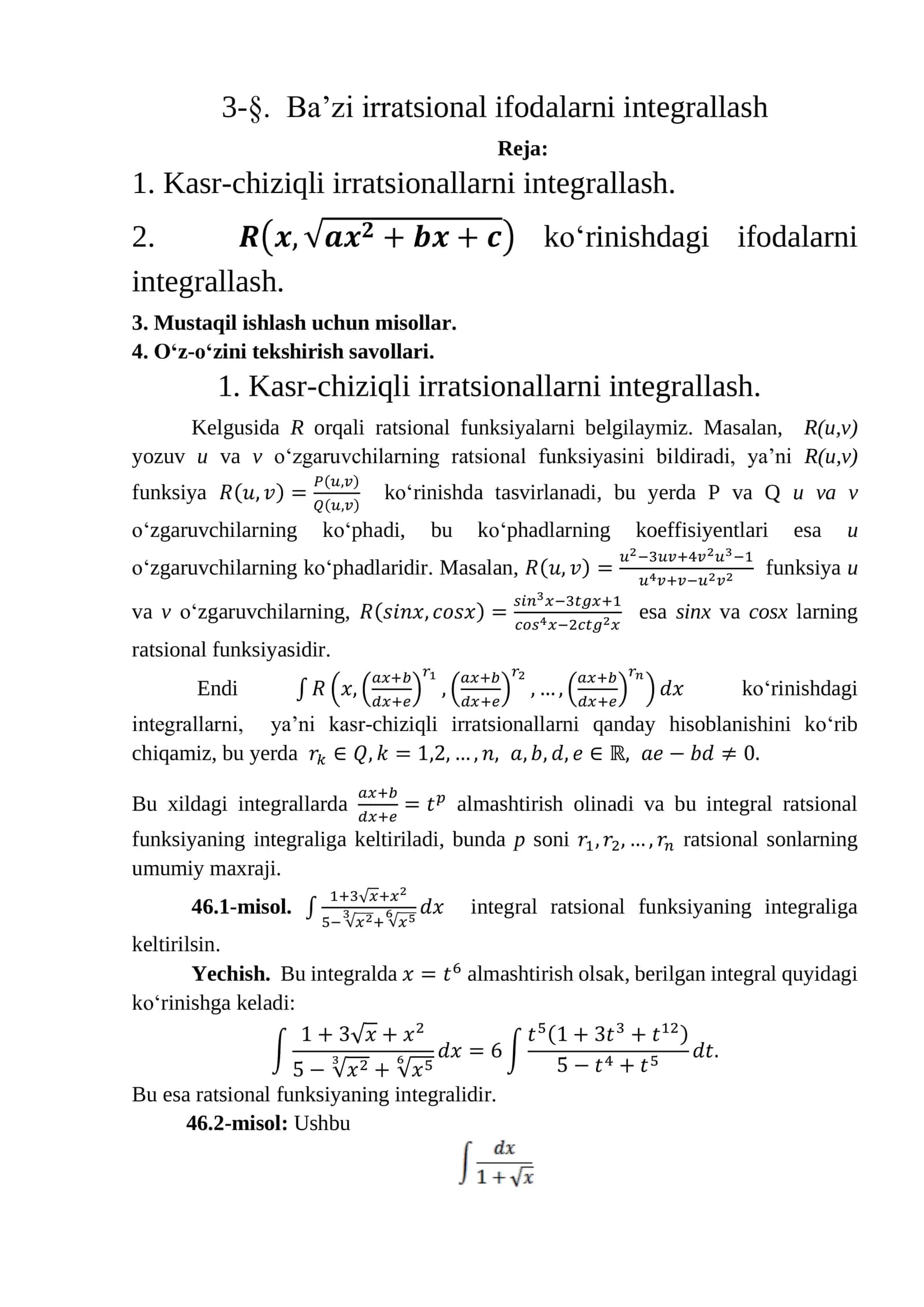 Ba’zi irratsional ifodalarni integrallash
