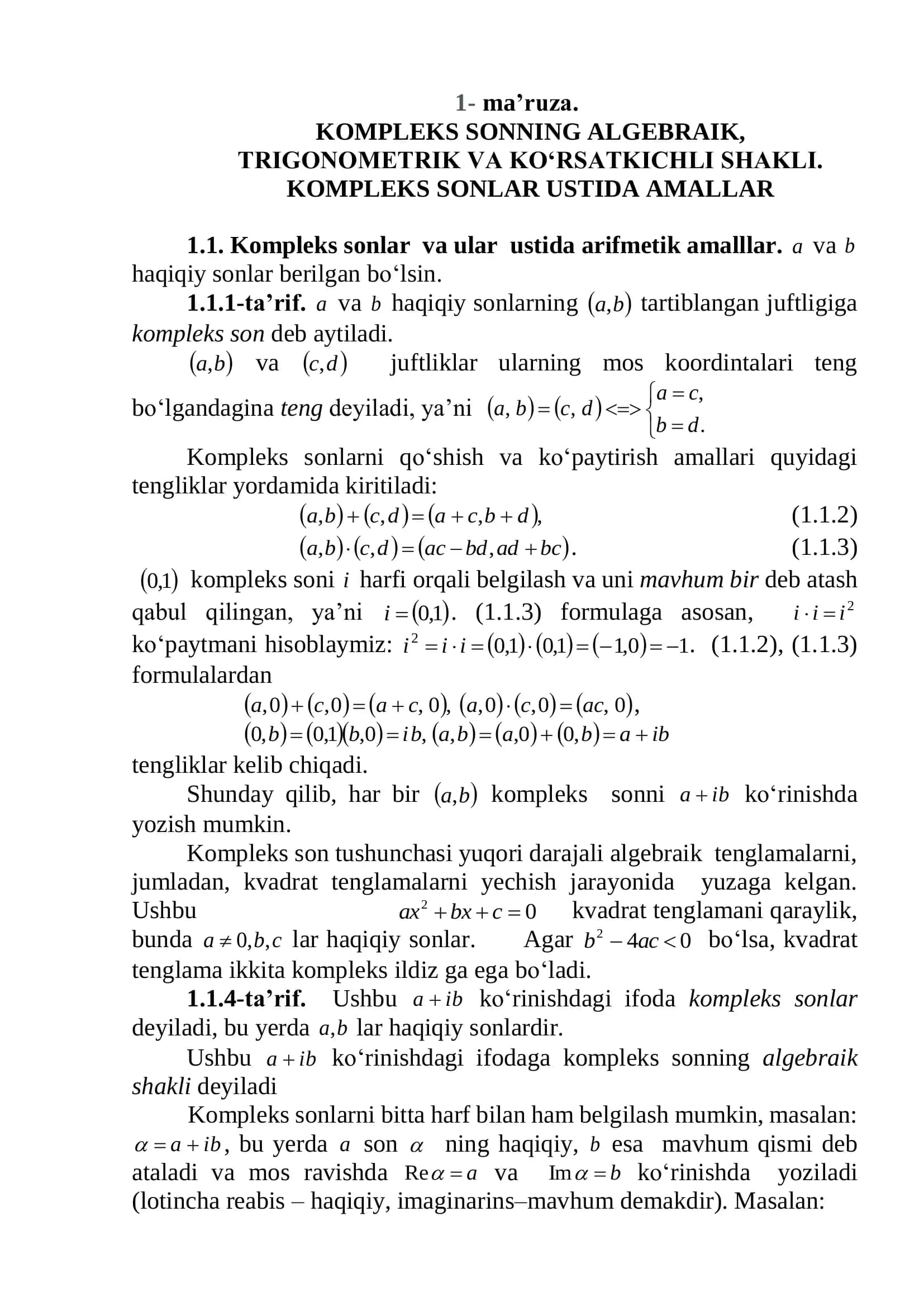 KOMPLEKS SONNING ALGEBRAIK, TRIGONOMETRIK VA KO‘RSATKICHLI SHAKLI. KOMPLEKS SONLAR USTIDA AMALLAR