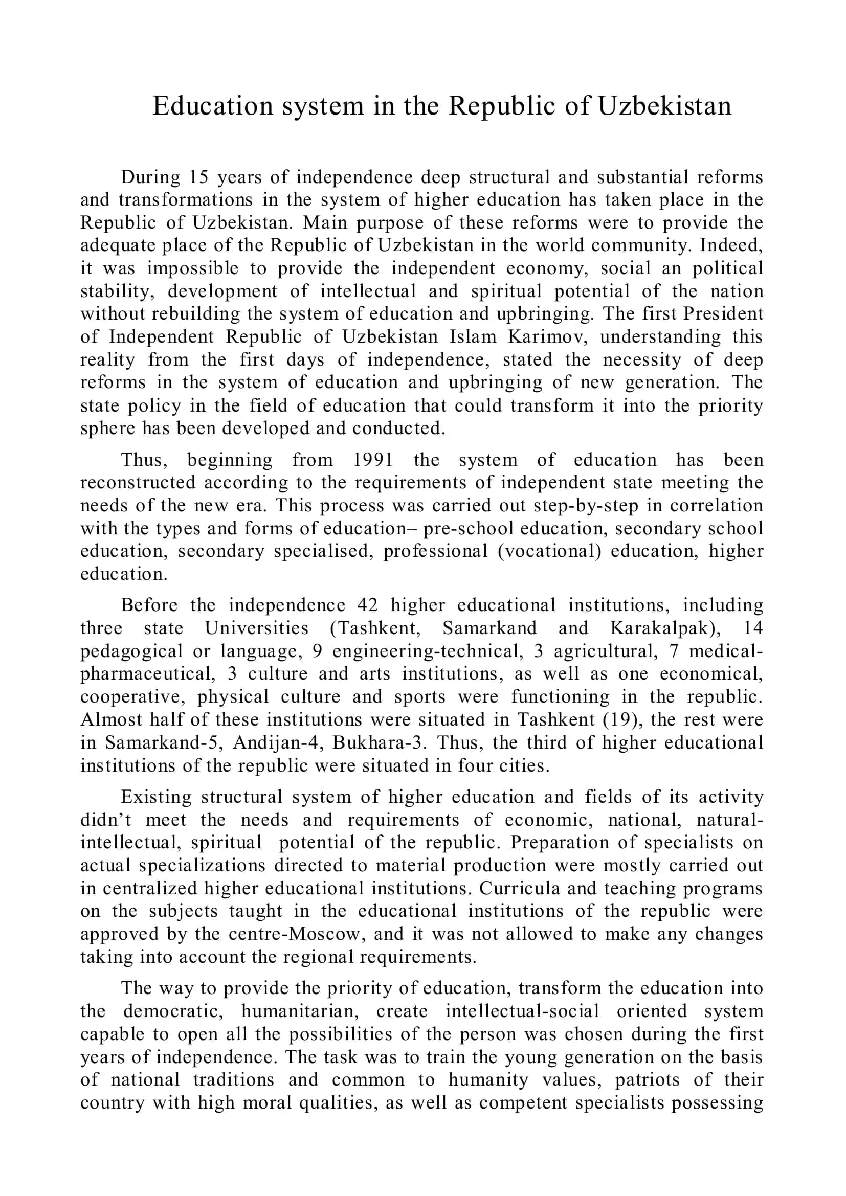 System of Education in Uzbekistan