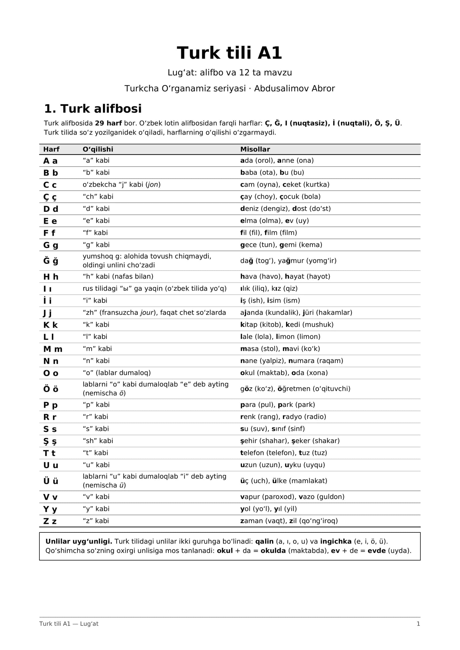 Turk tili A1 to'plam: lug'at + 500 savollik test + javoblar (PDF)