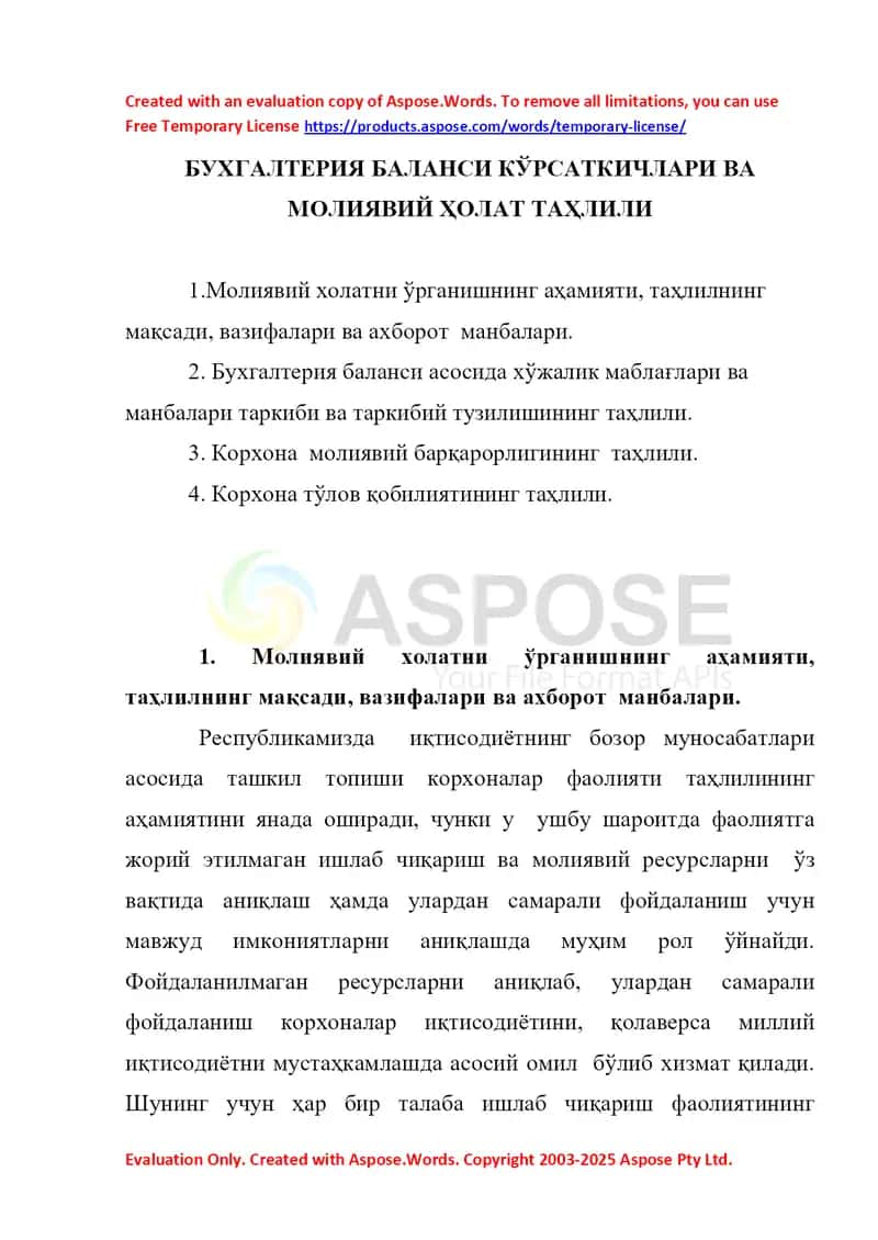 БУХГАЛТЕРИЯ БАЛАНСИ КЎРСАТКИЧЛАРИ ВА МОЛИЯВИЙ ҲОЛАТ ТАҲЛИЛИ