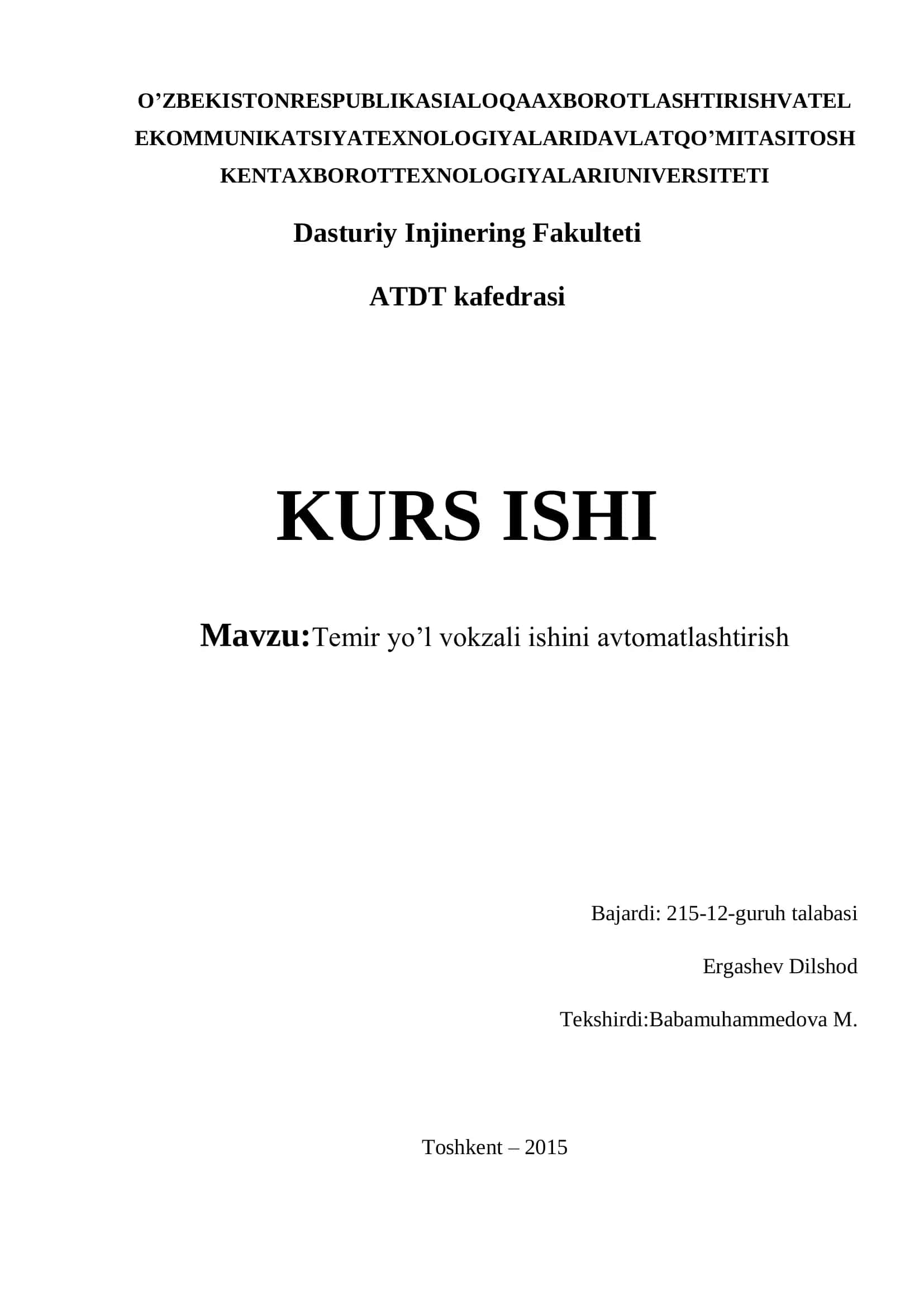 Temir yo’l vokzali ishini avtomatlashtirish
