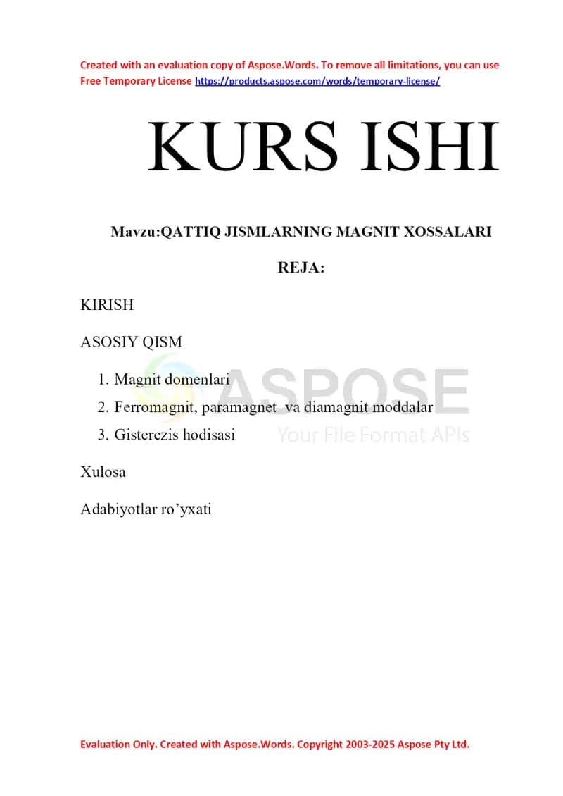 QATTIQ JISMLARNING MAGNIT XOSSALARI