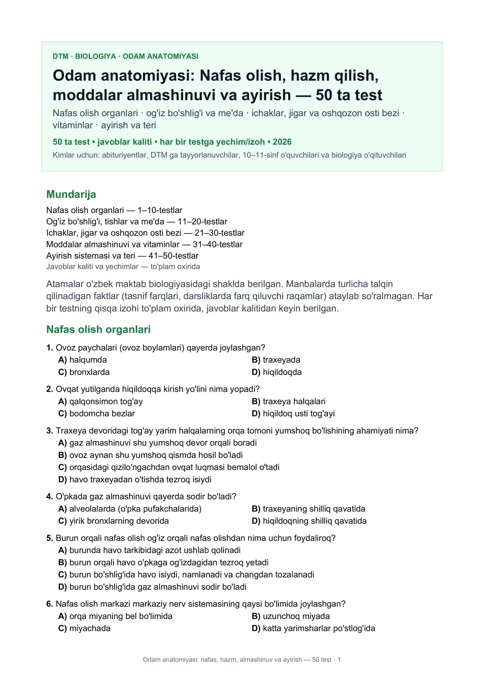Odam anatomiyasi: nafas, hazm, almashinuv va ayirish
