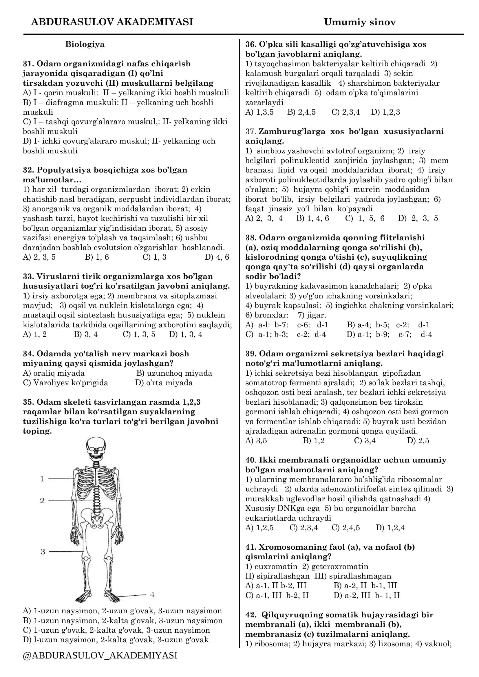 ABDURASULOV AKADEMIYASI Umumiy sinov
