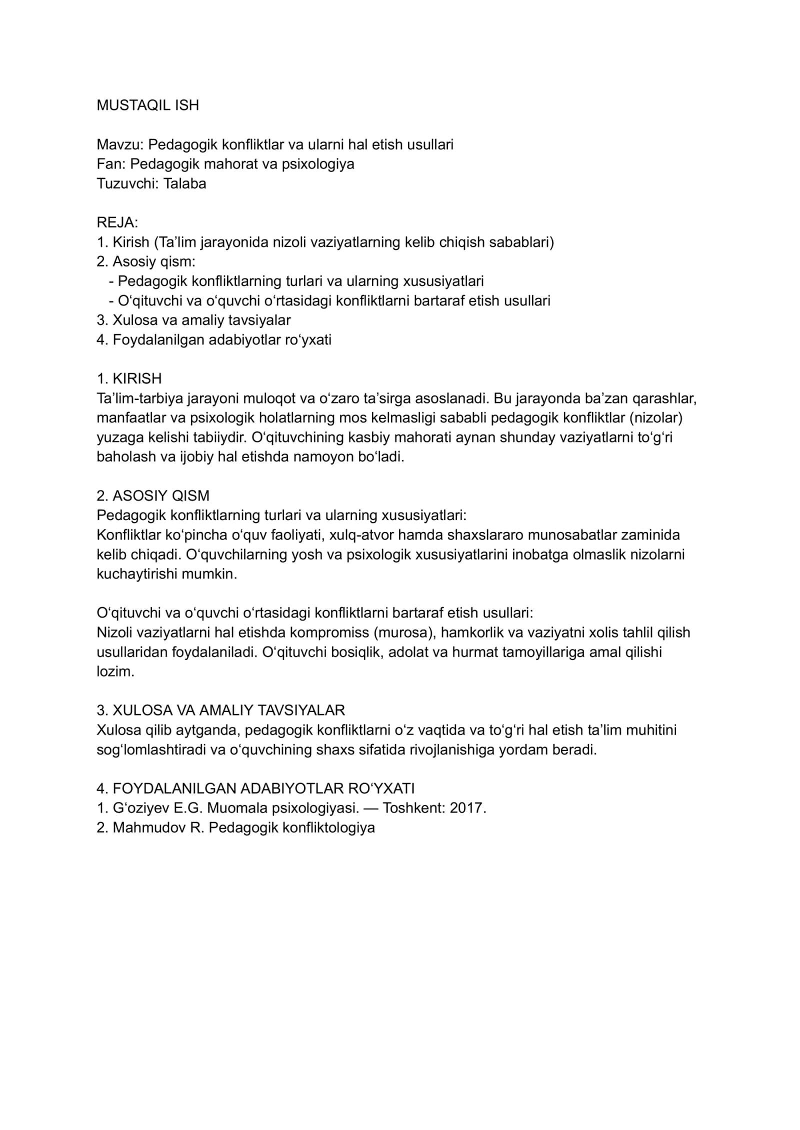 Pedagogik konfliktlar va ularni hal etish usullari