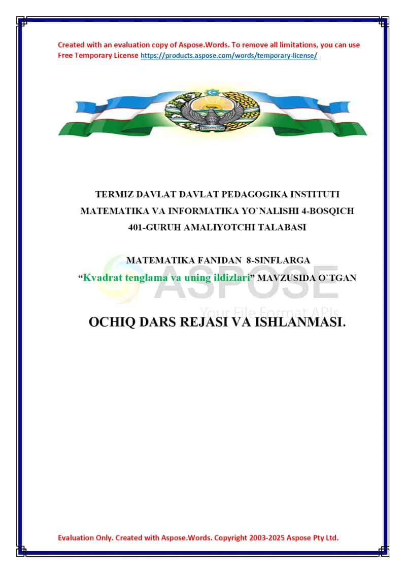 Dars ishlanma MATEMATIKA Kvadrat tenglama