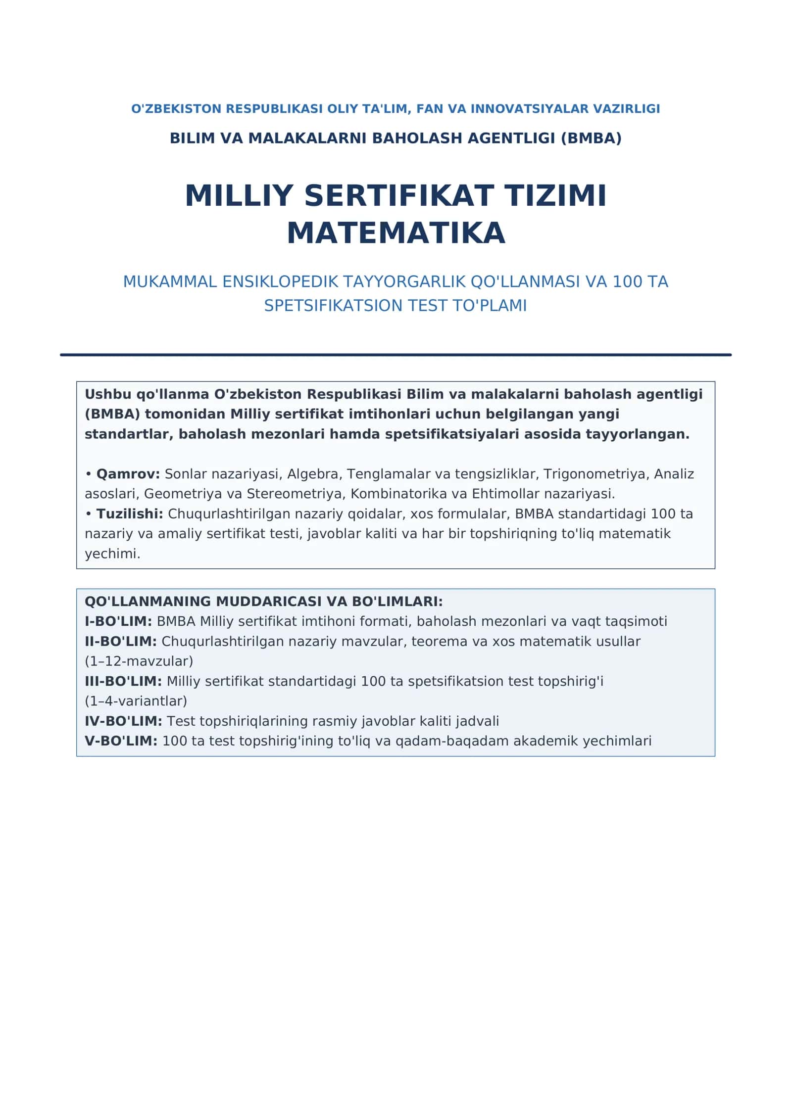 MUKAMMAL ENSIKLOPEDIK TAYYORGARLIK QO'LLANMASI VA 100 TA SPETSIFIKATSION TEST TO'PLAMI