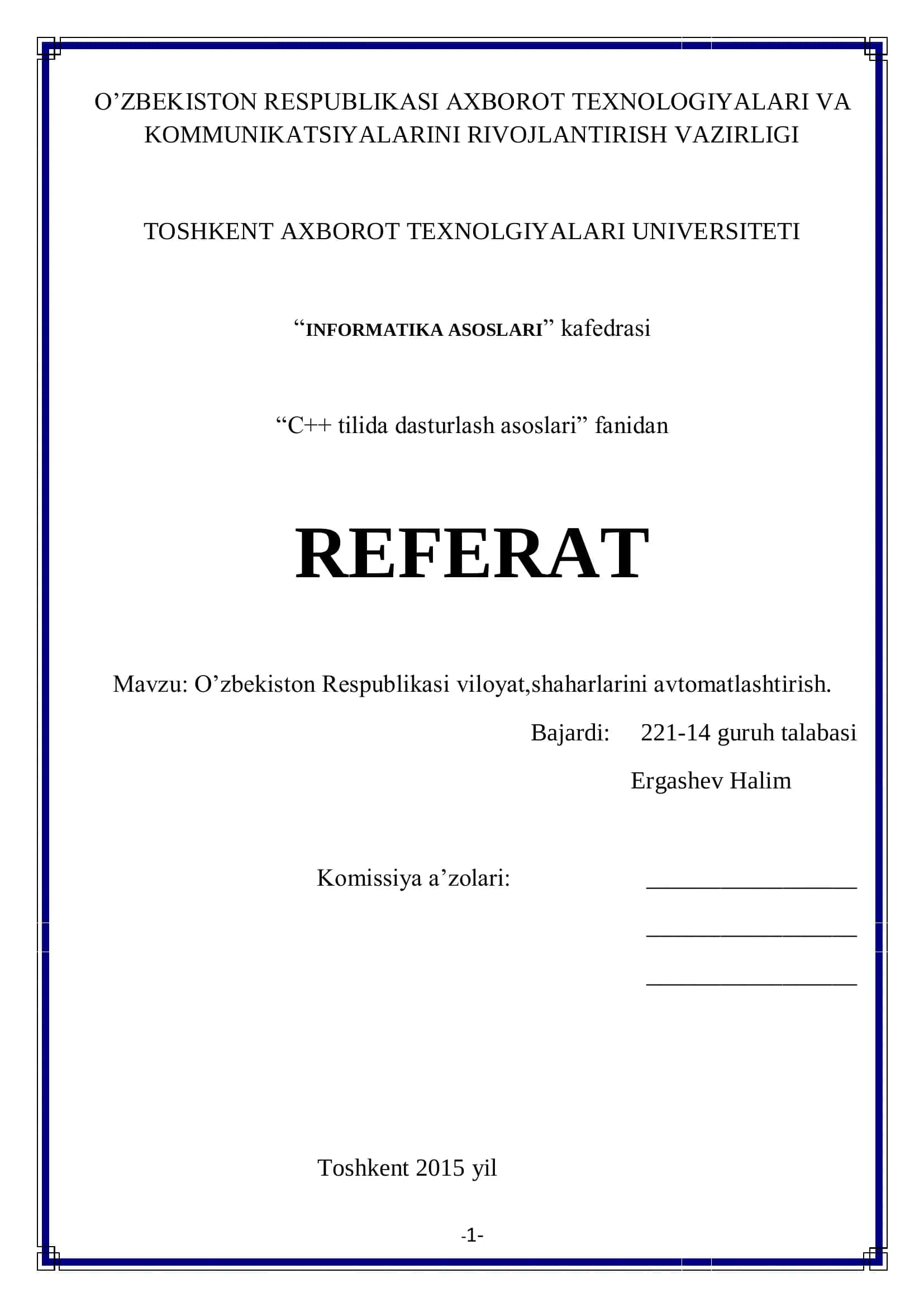 O’zbekiston Respublikasi viloyat, shaharlarini avtomatlashtirish