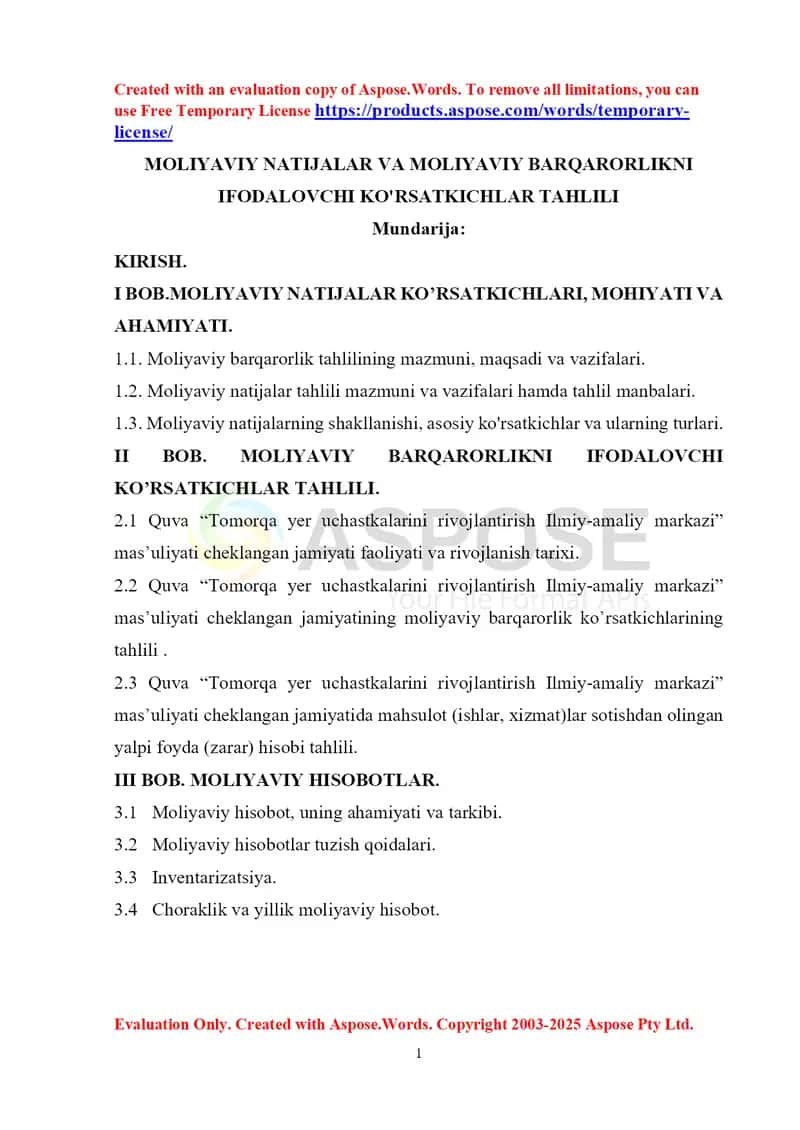 MOLIYAVIY NATIJALAR VA MOLIYAVIY BARQARORLIKNI IFODALOVCHI KO'RSATKICHLAR TAHLILI