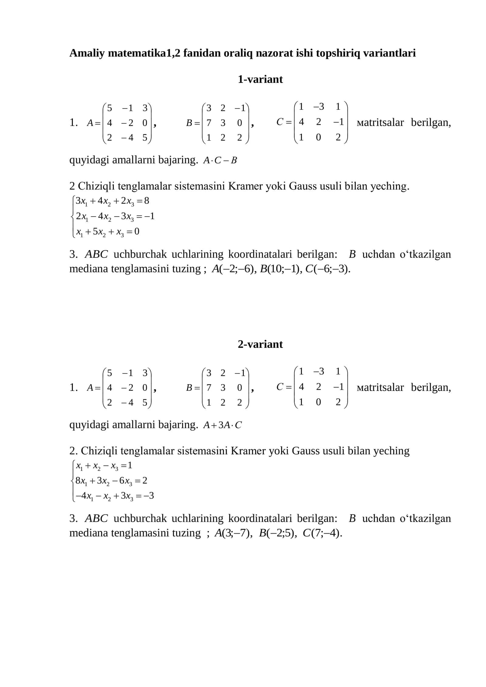 Amaliy matematika1,2 fanidan oraliq nazorat ishi topshiriq variantlari