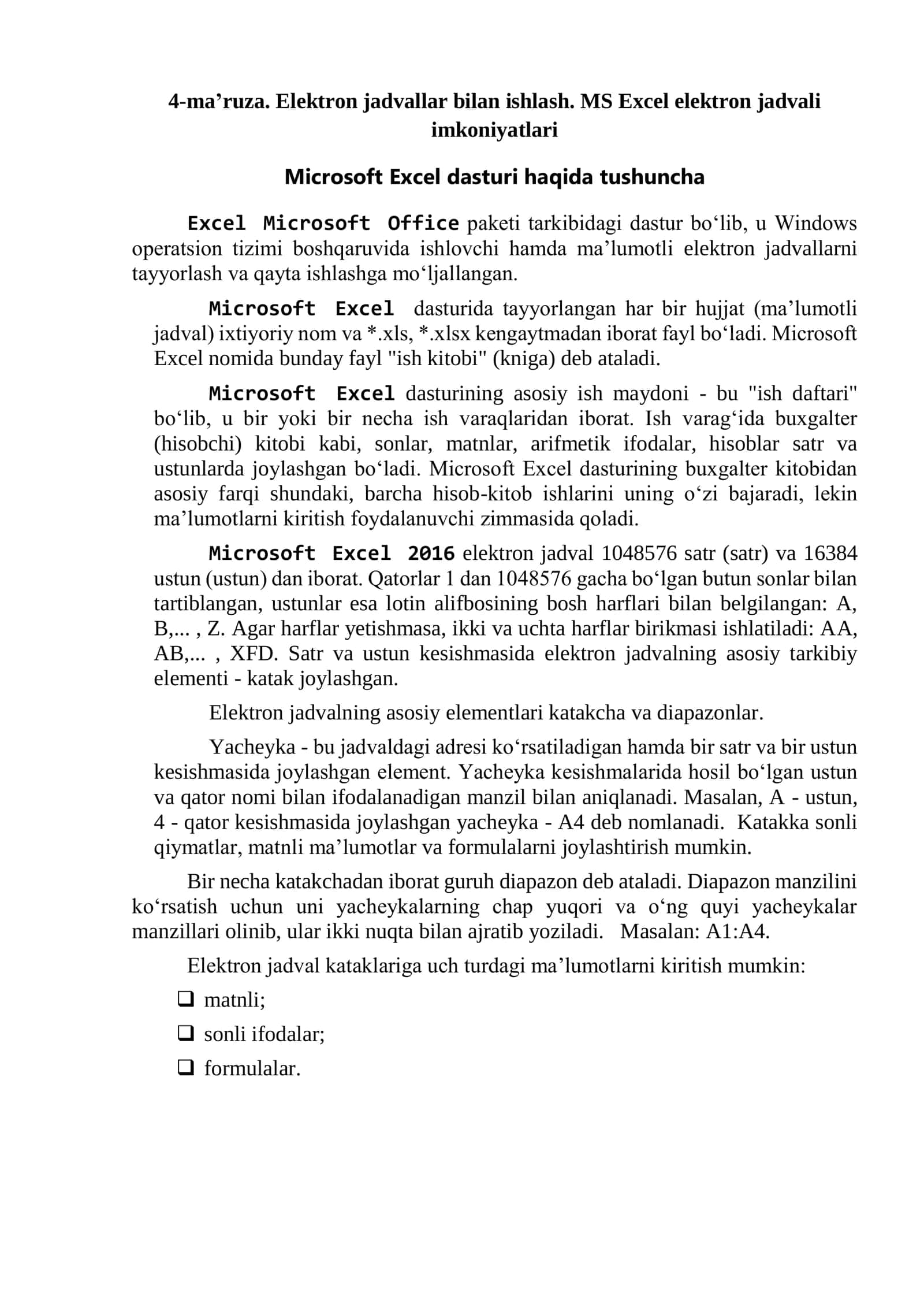 MS Excel elektron jadvali