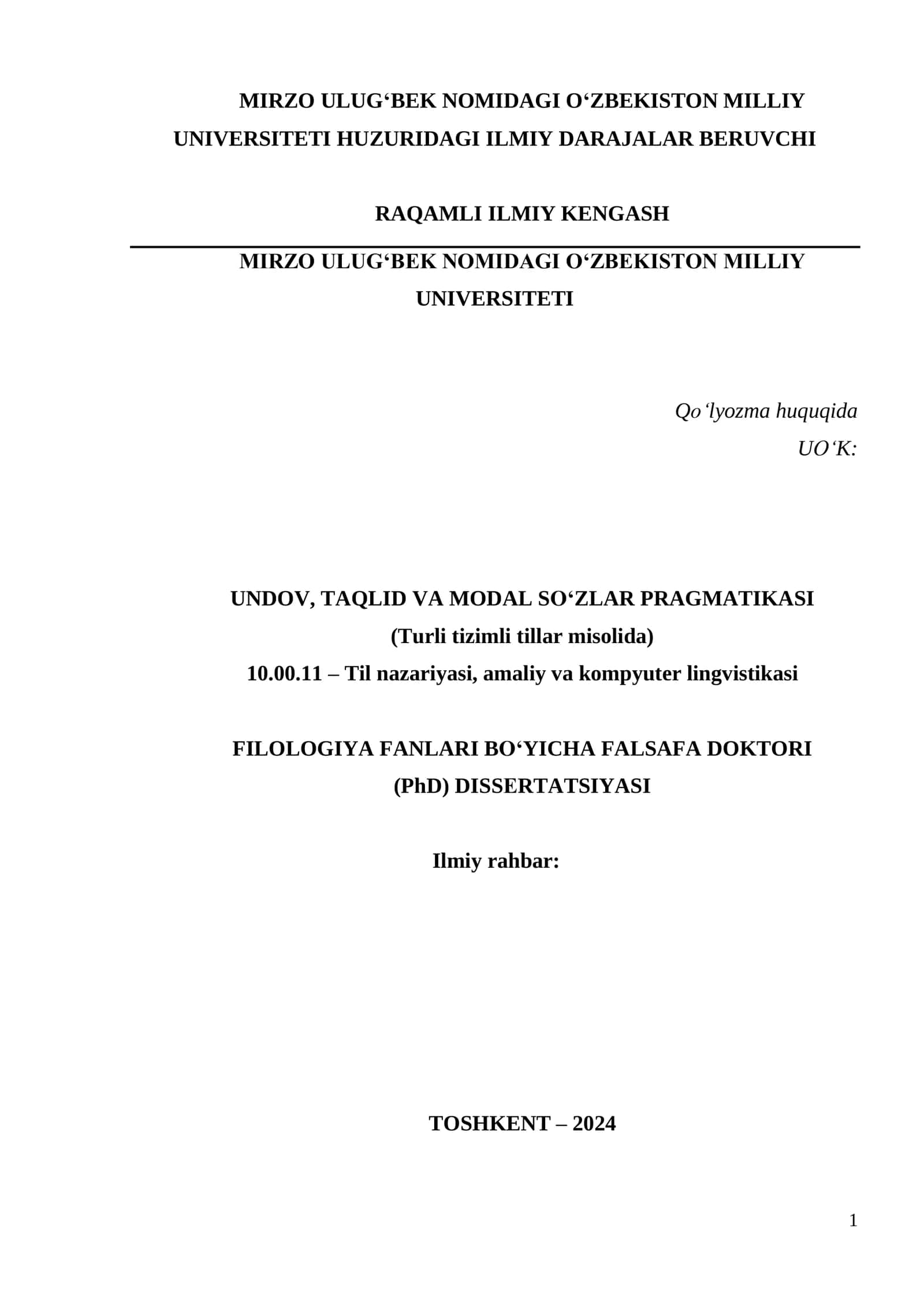 UNDOV, TAQLID VA MODAL SO‘ZLAR PRAGMATIKASI (Turli tizimli tillar misolida)