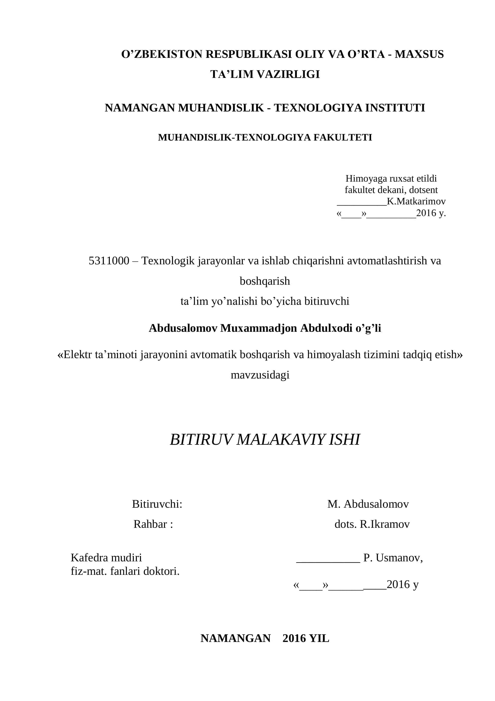 Elektr ta’minoti jarayonini avtomatik boshqarish va himoyalash tizimini tadqiq etish