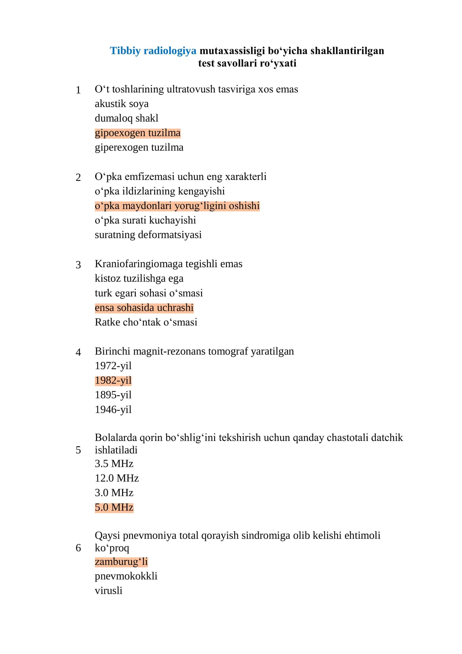 Tibbiy radiologiya mutaxassisligi boʻyicha test savollari
