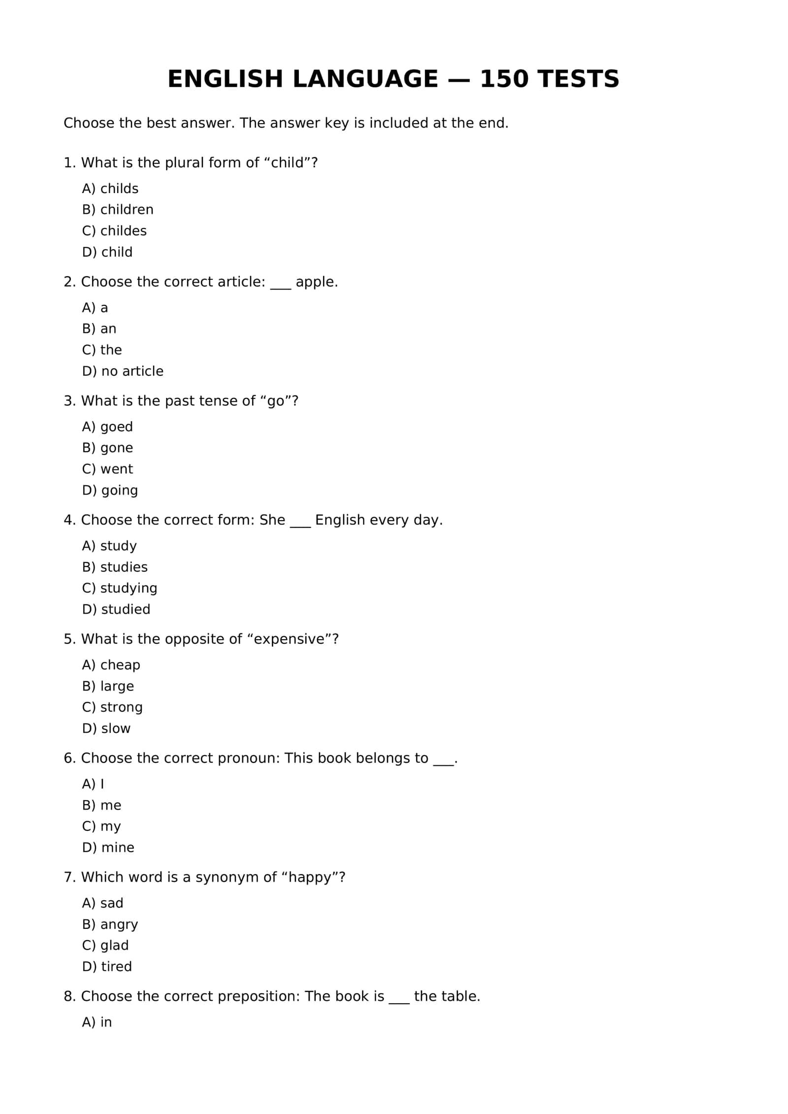 ENGLISH LANGUAGE — 150 TESTS