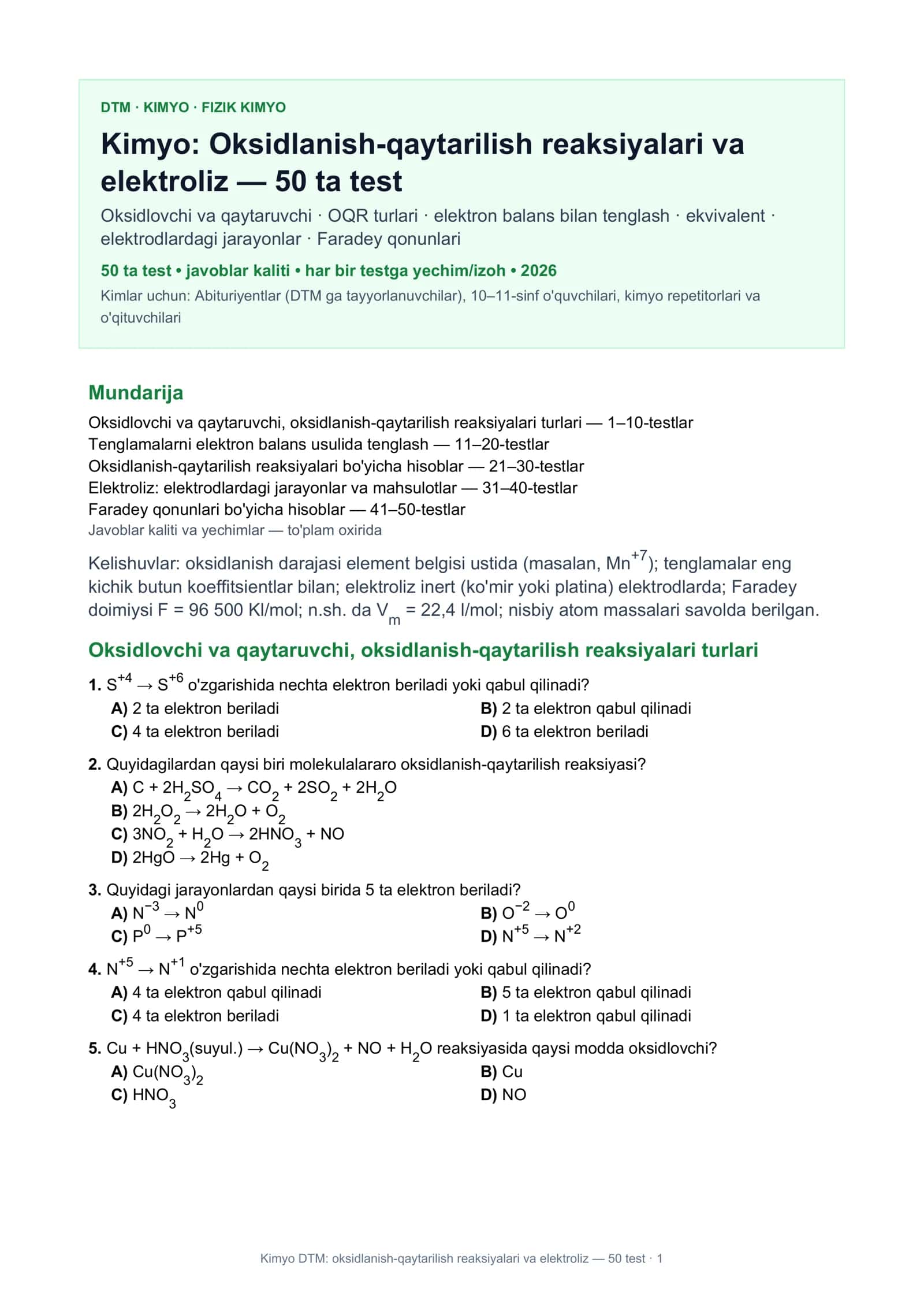 Kimyo DTM: oksidlanish-qaytarilish reaksiyalari va elektroliz