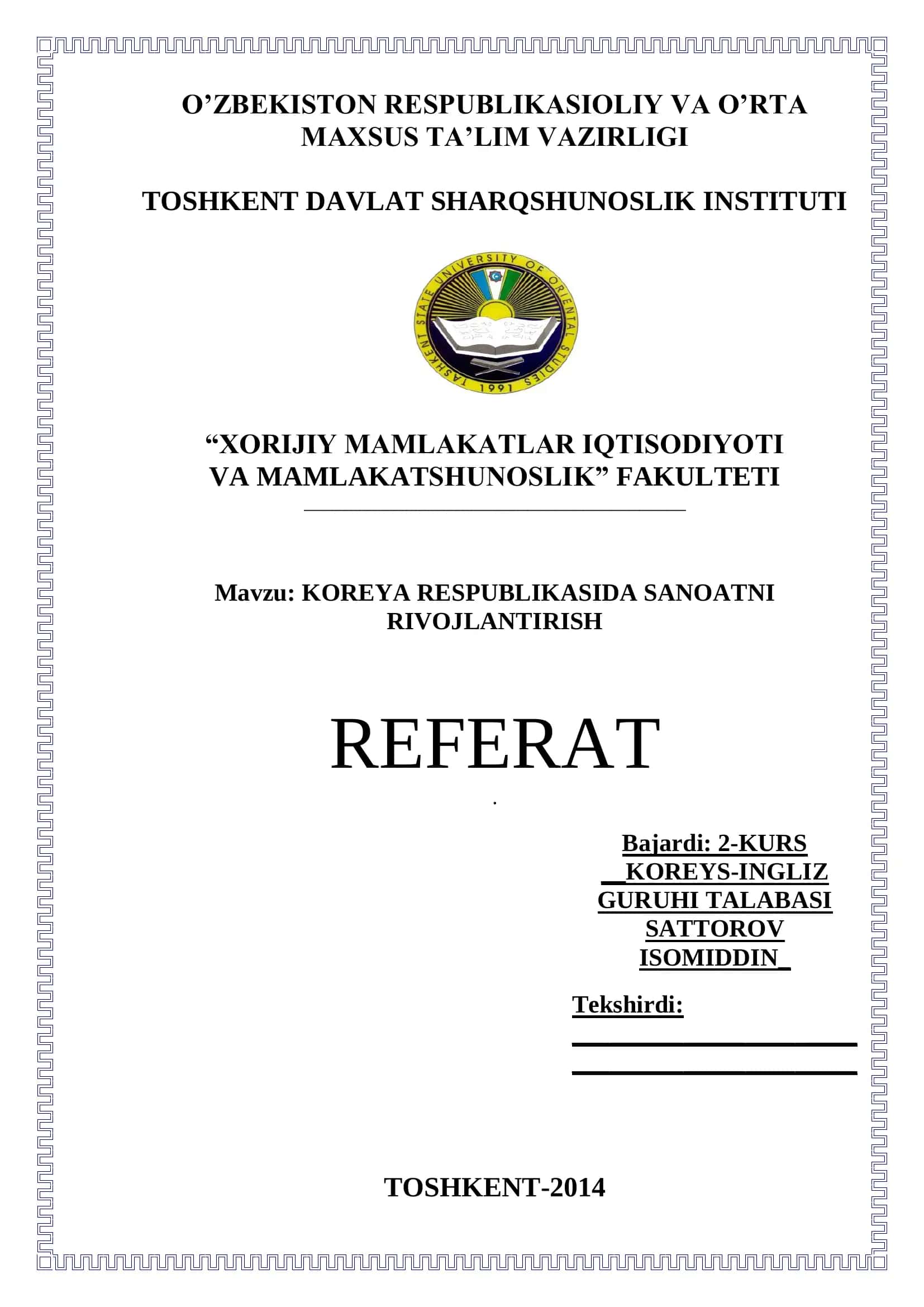 KOREYA RESPUBLIKASIDA SANOATNI RIVOJLANTIRISH REFERAT