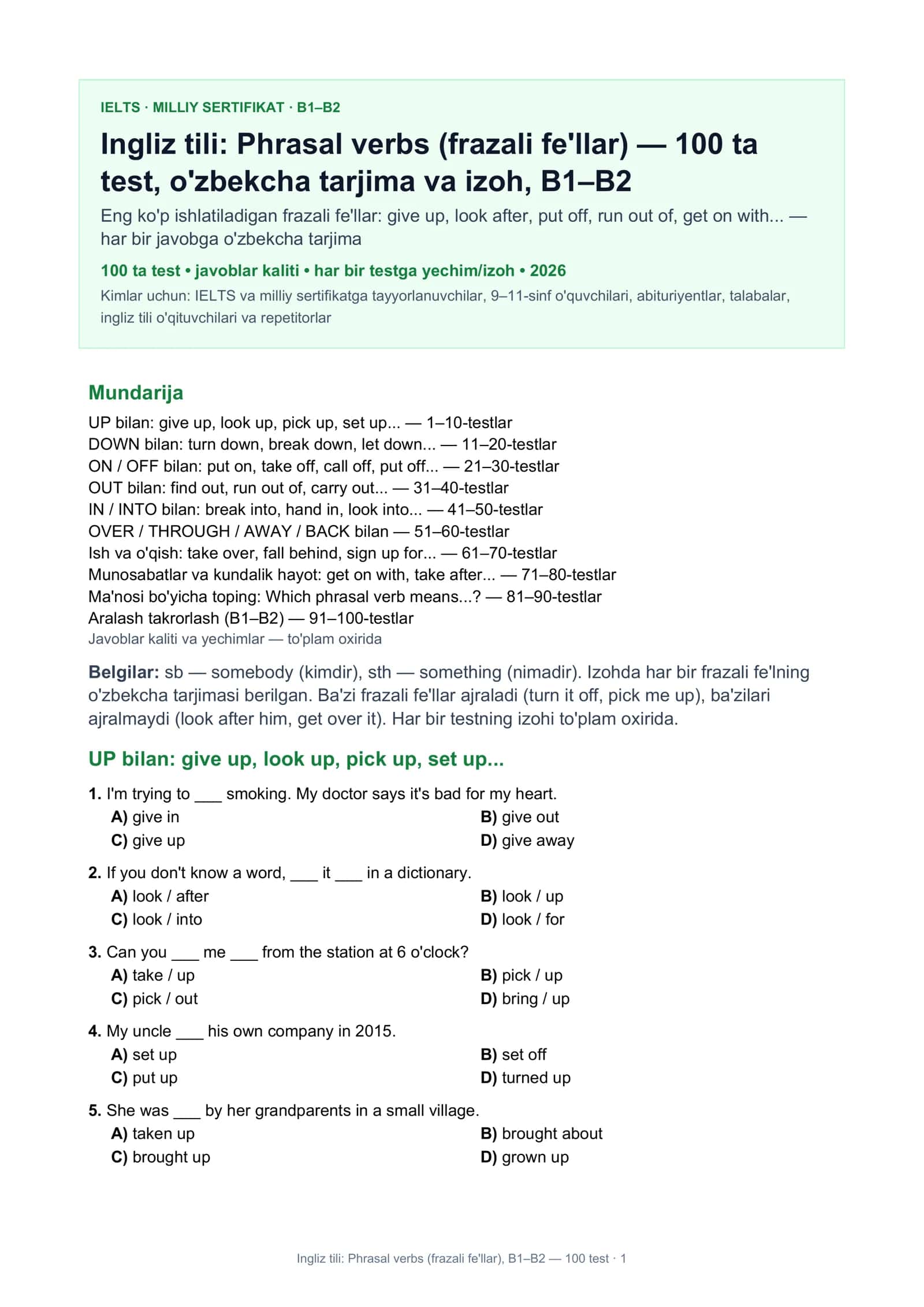 Ingliz tili: Phrasal verbs (frazali fe'llar)