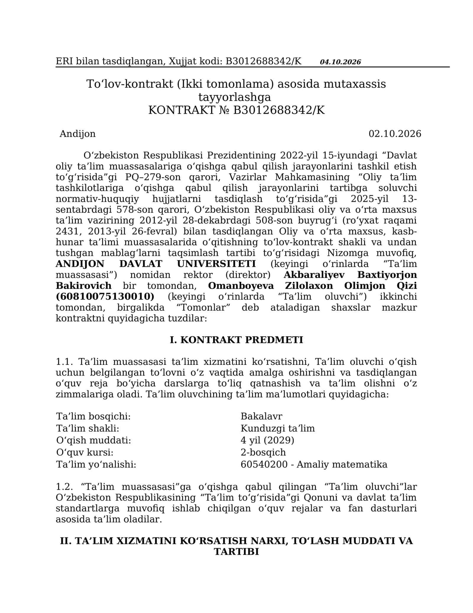"To‘lov-kontrakt (Ikki tomonlama) asosida mutaxassis tayyorlashga"