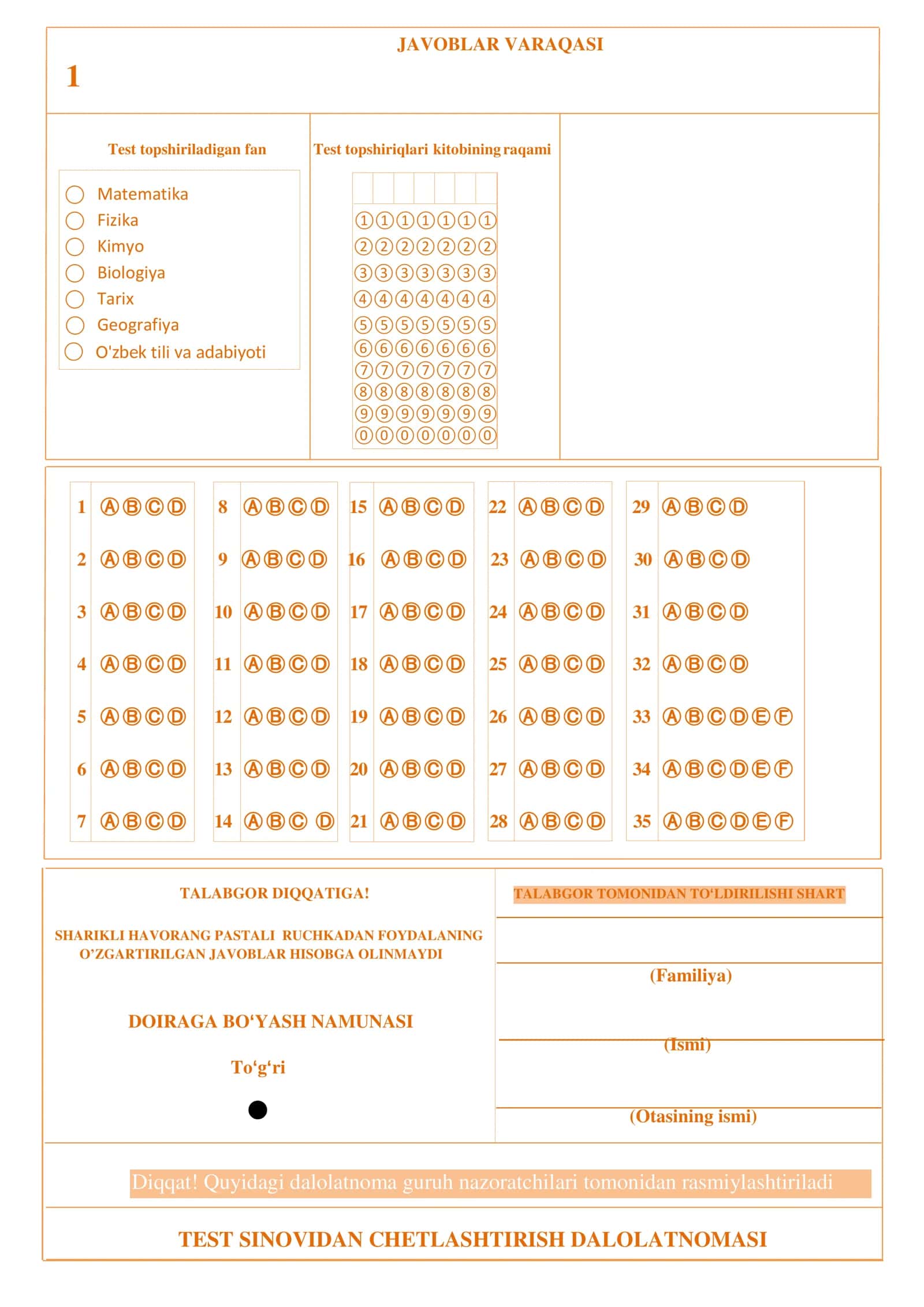 🧪 Milliy Sertifikat Javoblar Varaqasi (Answer Sheet)