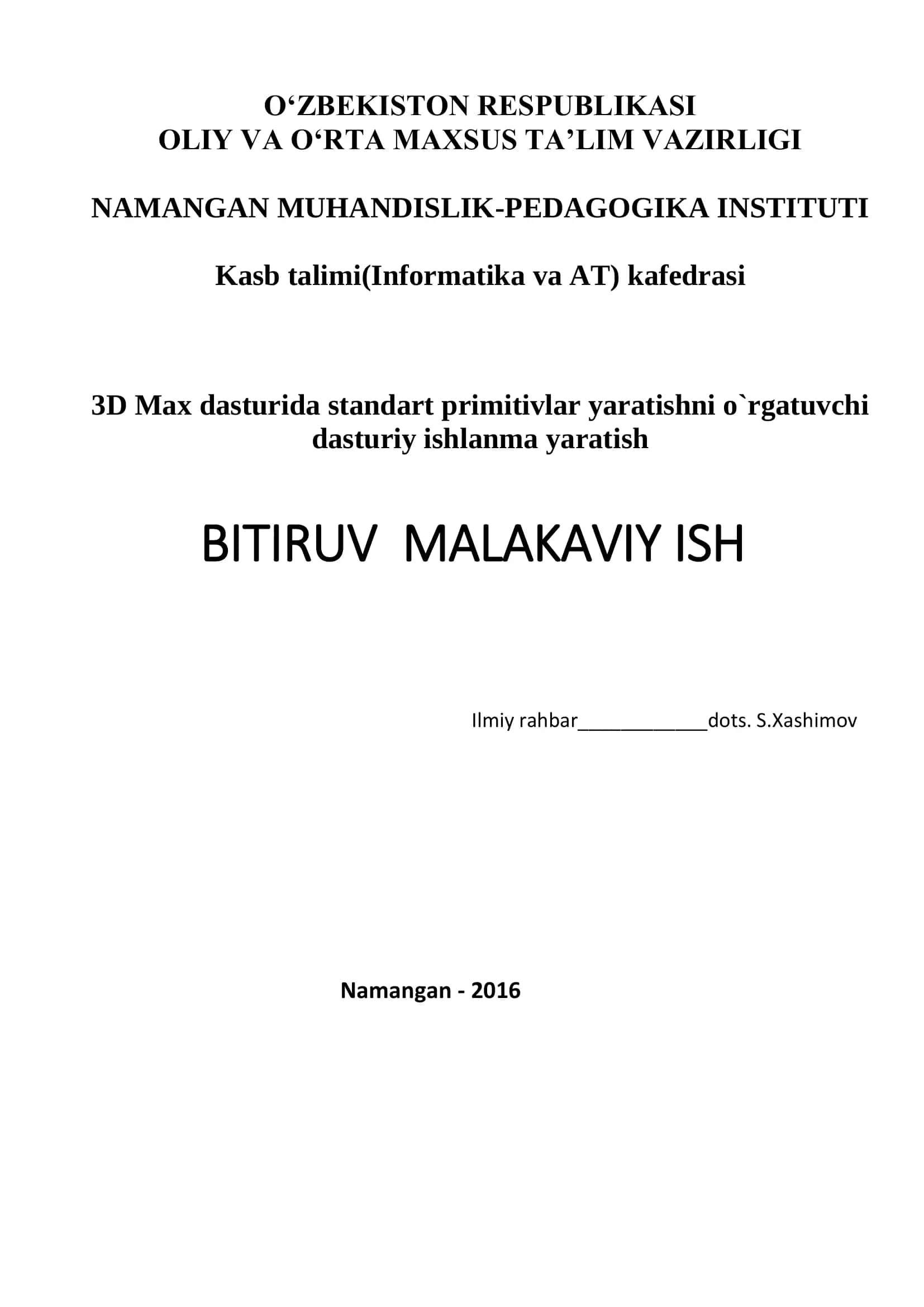 3D Max dasturida standart primitivlar yaratishni o`rgatuvchi dasturiy ishlanma yaratish