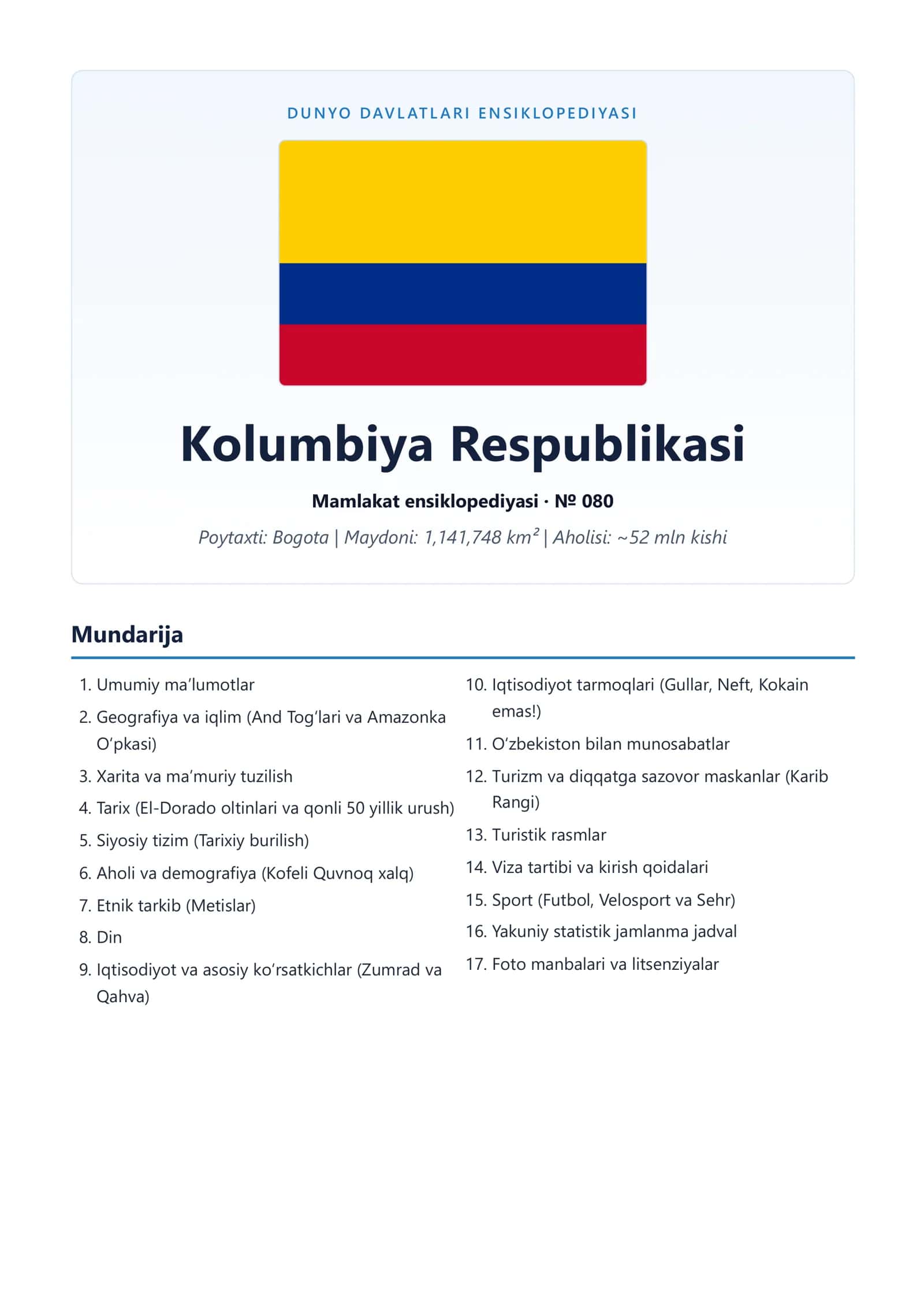 DUNYODAVLATLARI ENSIKLOPEDIYASI Kolumbiya Respublikasi