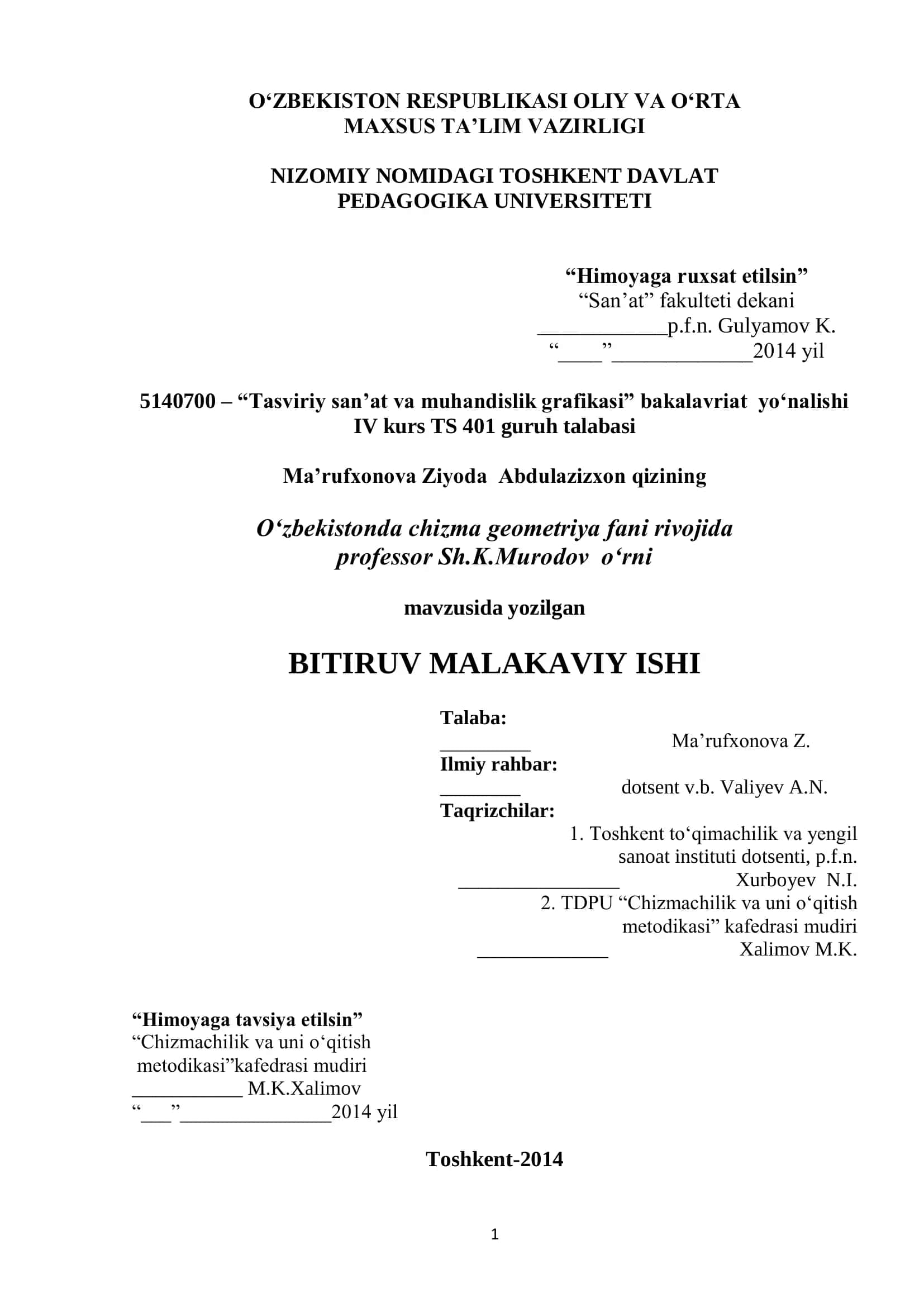 O„ZBEKISTON RESPUBLIKASI OLIY VA O„RTA MAXSUS TA‟LIM VAZIRLIGI NIZOMIY NOMIDAGI TOSHKENT DAVLAT PEDAGOGIKA UNIVERSITETI