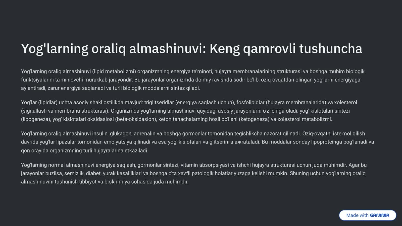 Yog'larning oraliq almashinuvi: Keng qamrovli tushuncha
