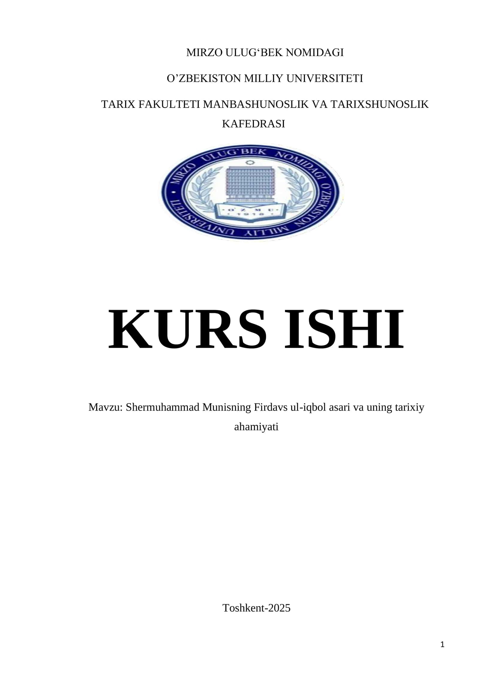 Shermuhammad Munisning «Firdavs ul-iqbol» asari va uning tarixiy ahamiyati
