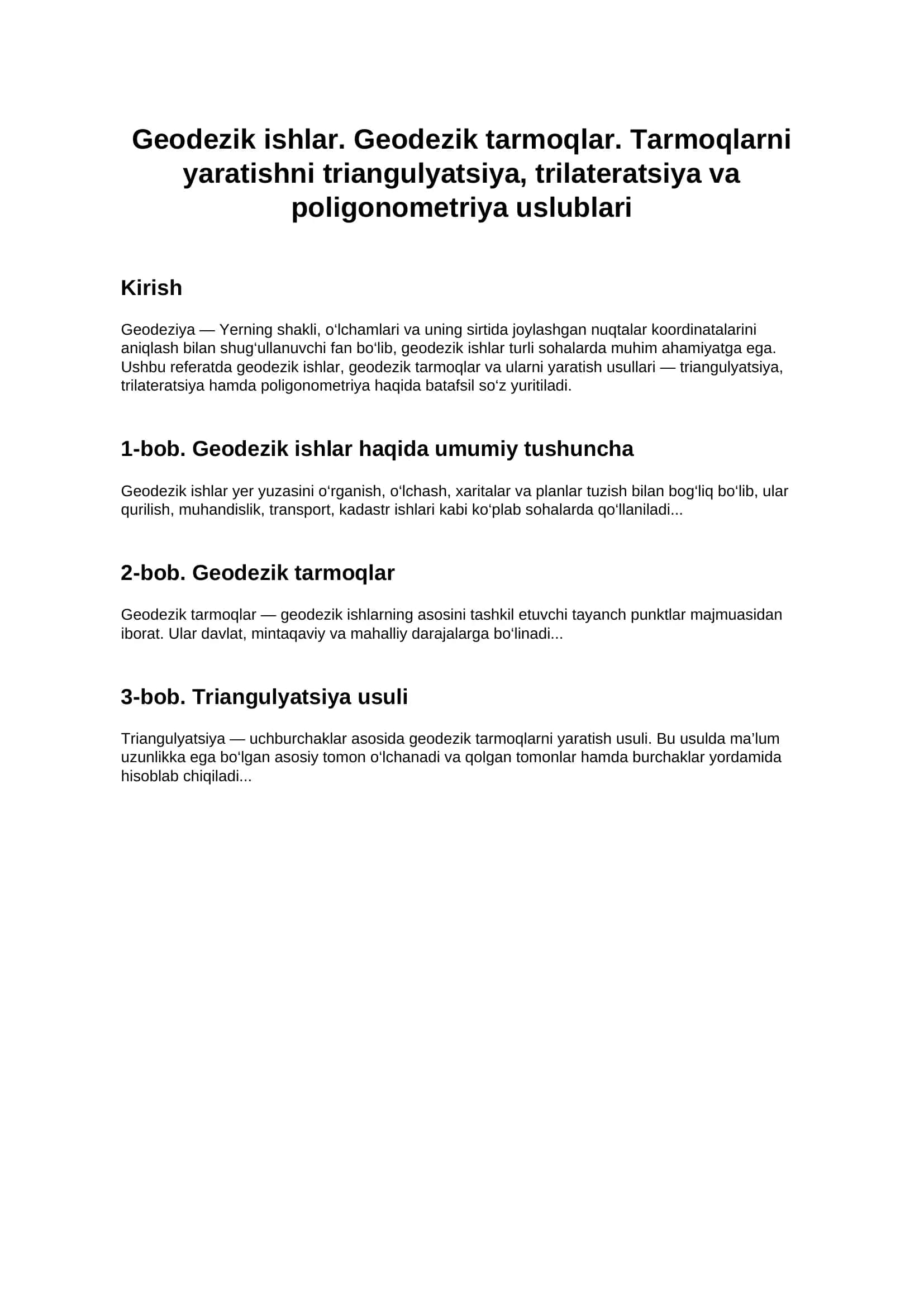 Geodezik ishlar va geodezik tarmoqlar